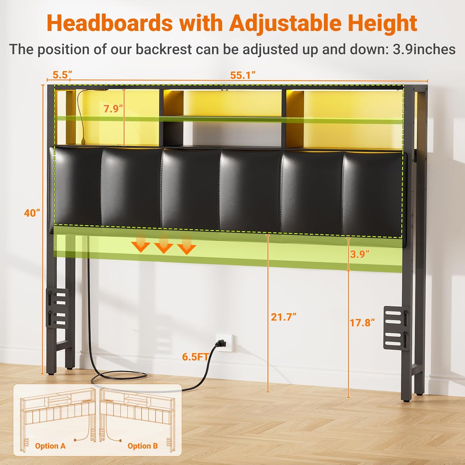 Aheaplus Headboard for Full Size Bed with Storage, Upholstered Headboards with Outlets, USB Ports and LED Light, Reversible Full Size Head Board, Height Adjustable, Comfortable Headboard, Black Full Upholstered Black