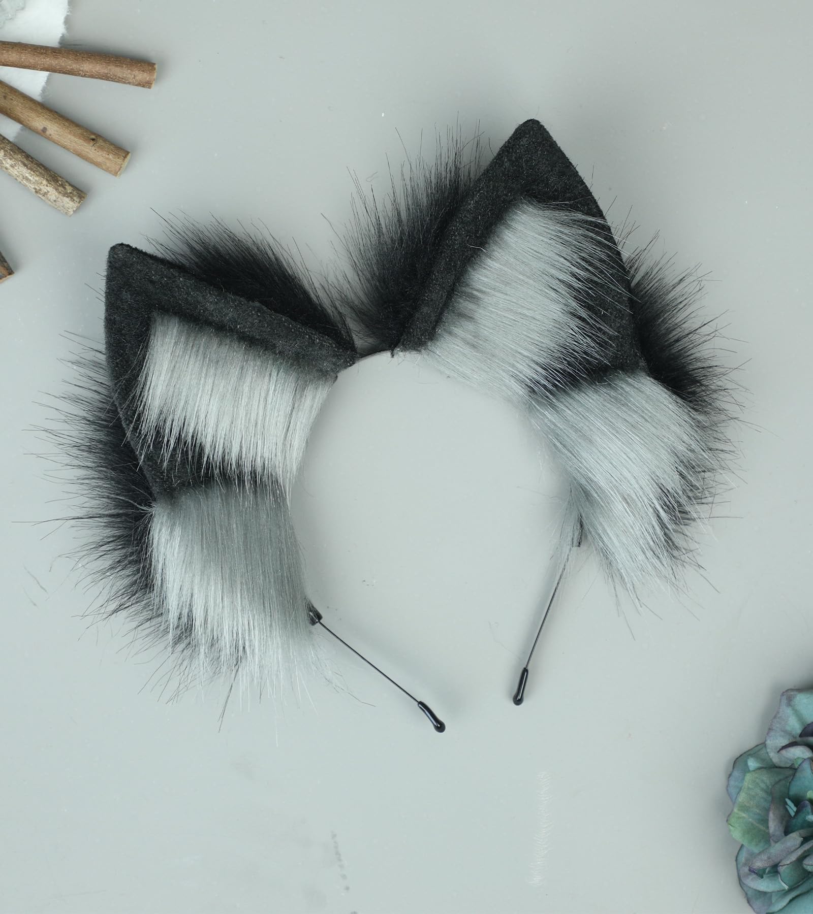 Dodheah Wolf Ears Headband Fox Cat Ears Hairband Animal Cosplay Headwear Halloween Christmas Costume Accessories Black grey - Image 3