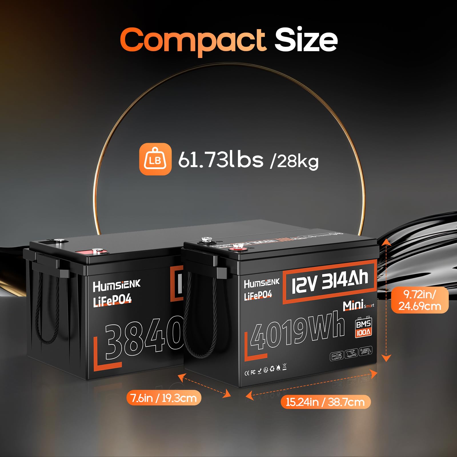 Akumulator litowy HumsiENK 12 V 300 Ah (314 Ah) LiFePO4, miniaturowy rozmiar, 200 A BMS z Bluetooth, 15 000+ głębokich cykli ładowania, 4019 Wh energii do zastosowań w pojazdach rekreacyjnych 4P