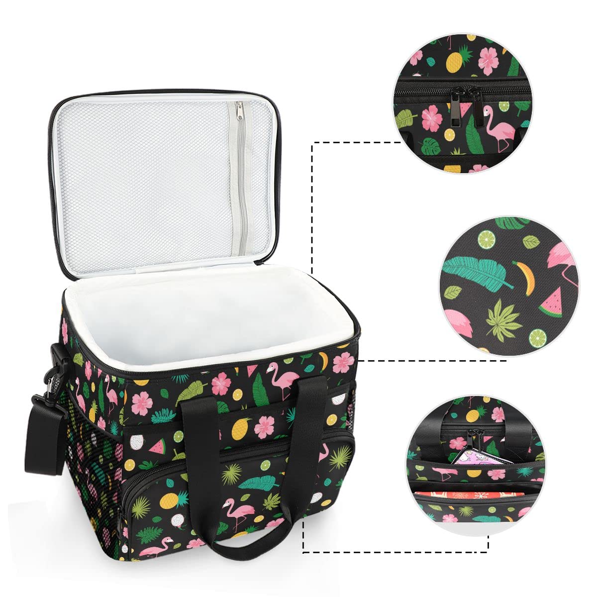 Bolsa de picnic de 15 L, 24 latas, bolsa de almuerzo aislada con flamenco y piña para viajes, camping, barbacoa, actividades al aire libre, asas, correa para el hombro