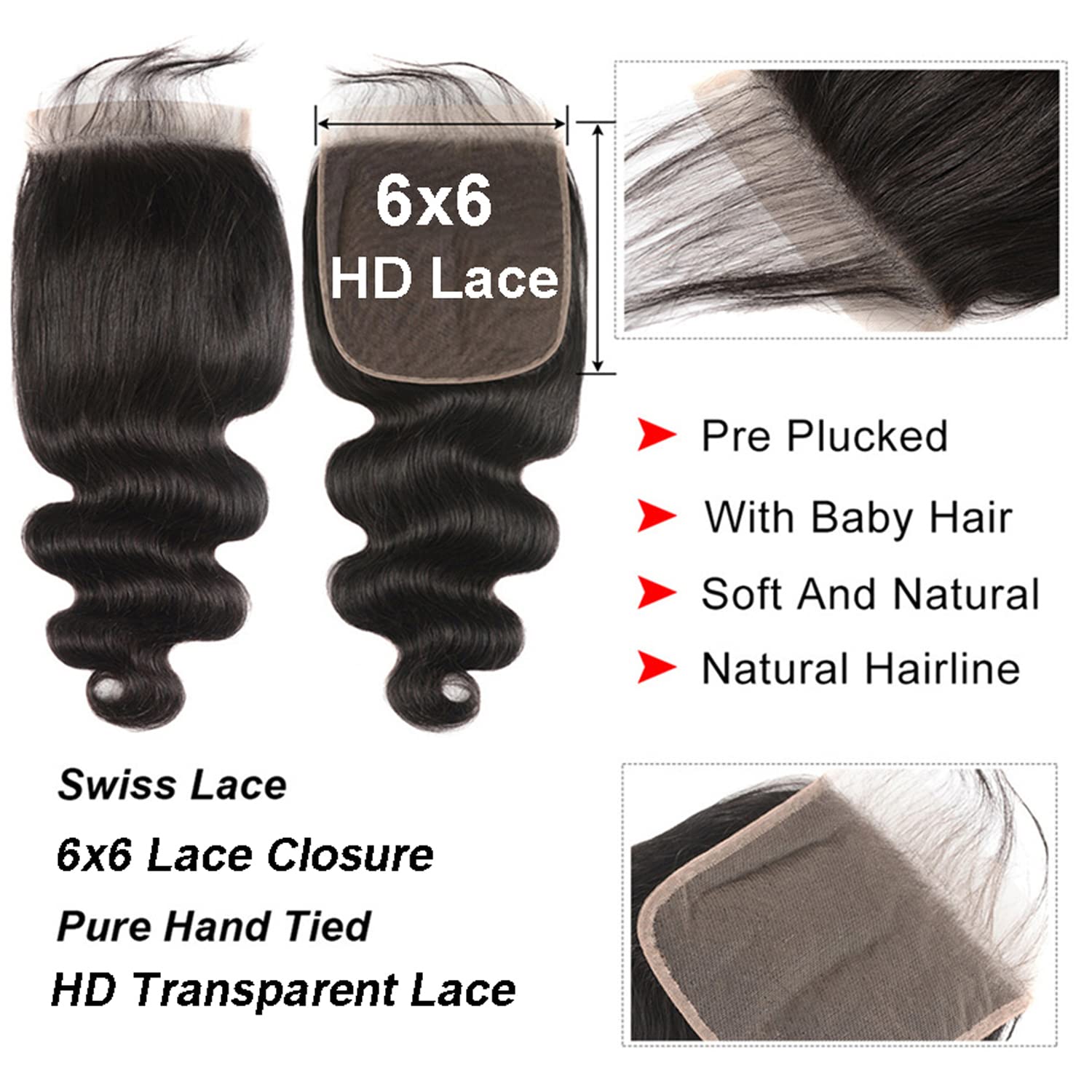 6x6 Hd Lace Closure Body Wave Human Hair Bleached Knots 6 6 Lace Closure Unprocessed Virgin Hair 150 Density 6x6 Closure Only Swiss Lace Hand Tied 6 x 6 Closure Pre Plucked with Baby Hair 10a 16 Inch