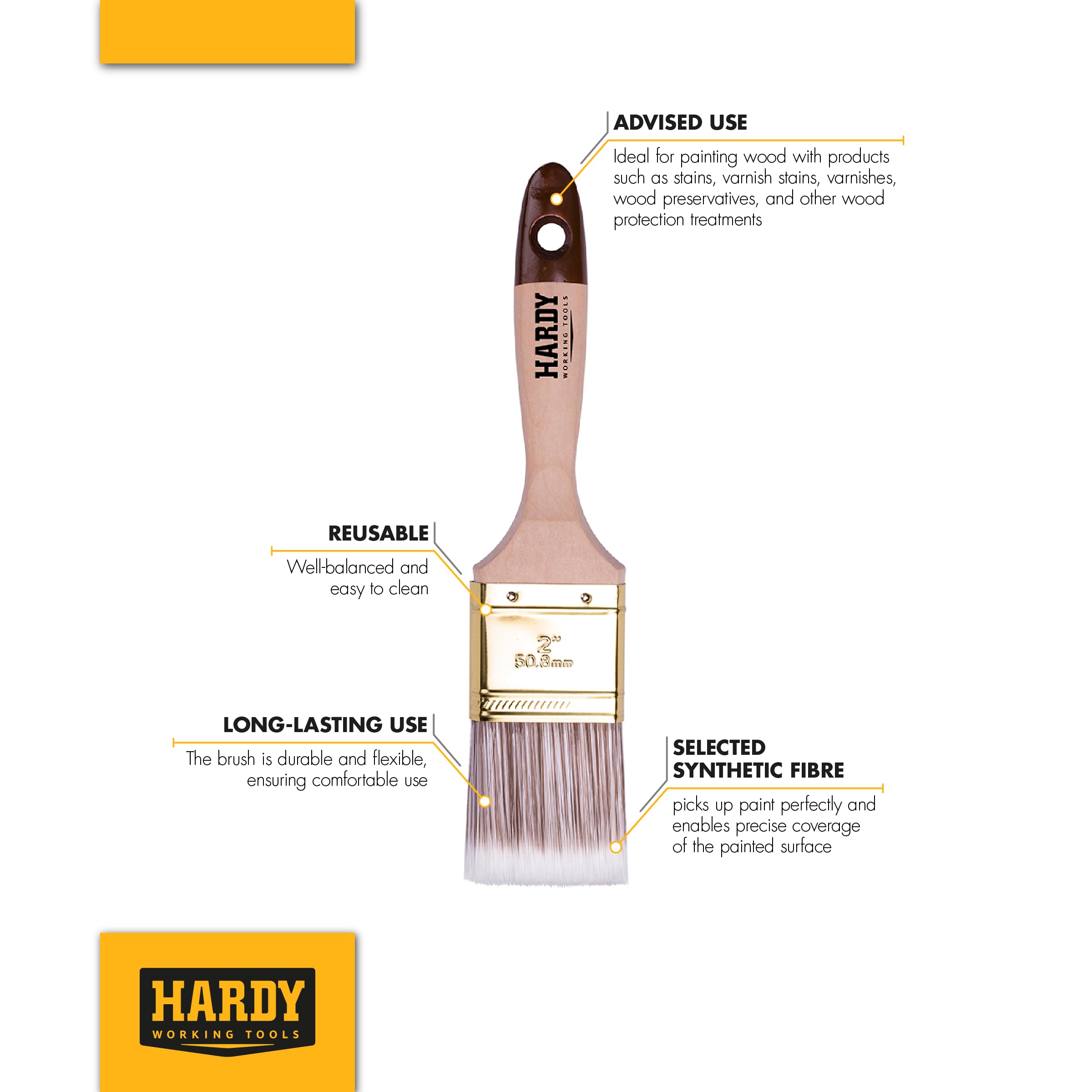 HARDY WORKING TOOLS Zestaw płaskich pędzli 18-częściowy, 6 sztuk – 25, 50, 75 mm szerokości, zestaw pędzli malarskich z drewnianym uchwytem, zestaw pędzli do lakieru, seria 45*, 18 szt., A0282-030500