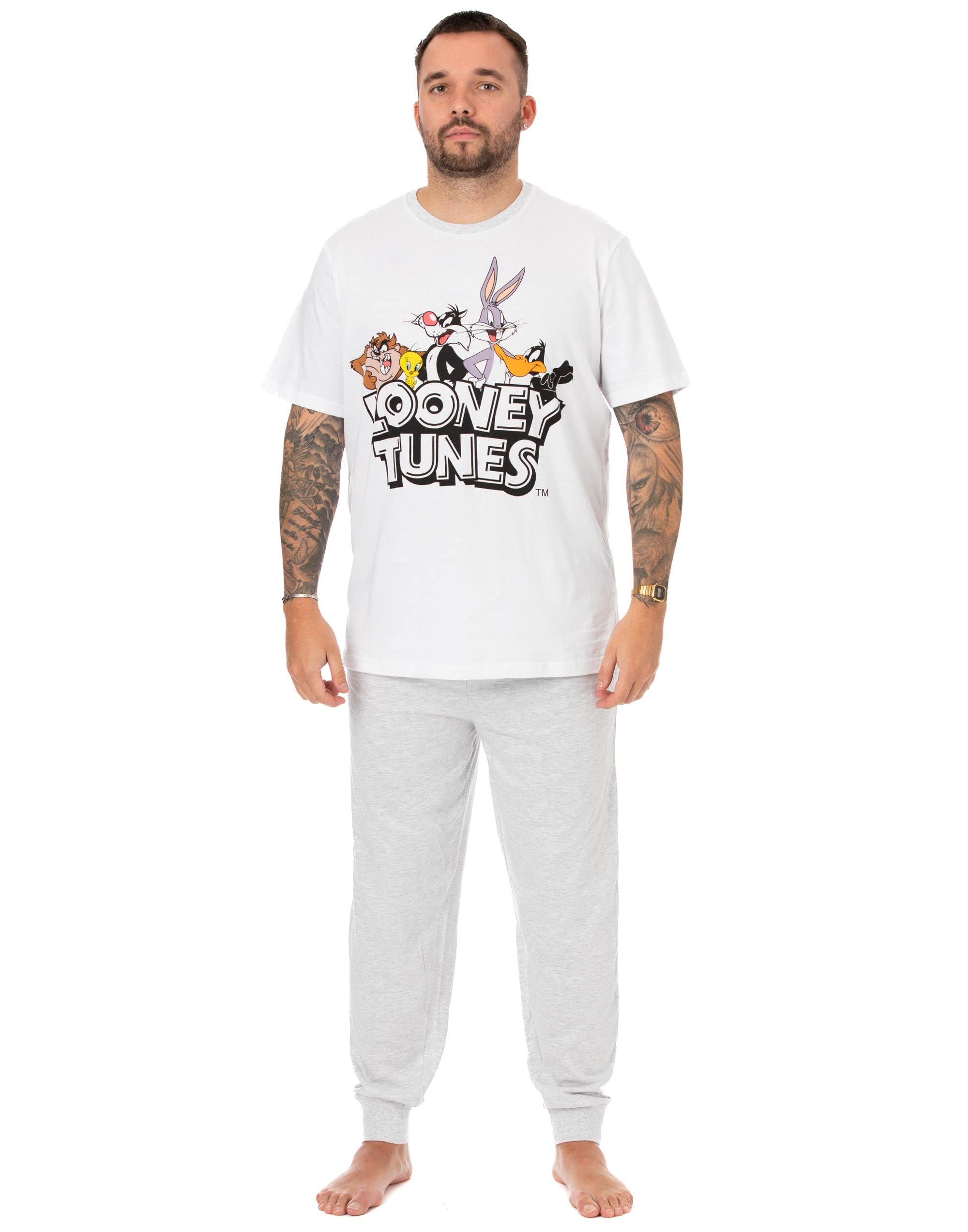 Looney Tunes Men's White Pyjamas | Adult Grey Loungewear Pants & T-Shirt Complete Pj Set | Bugs Bunny Taz Daffy Duck | Short Sleeve Tee Long Leg Bottoms Pajama Cartoon Merchandise Gift For Him