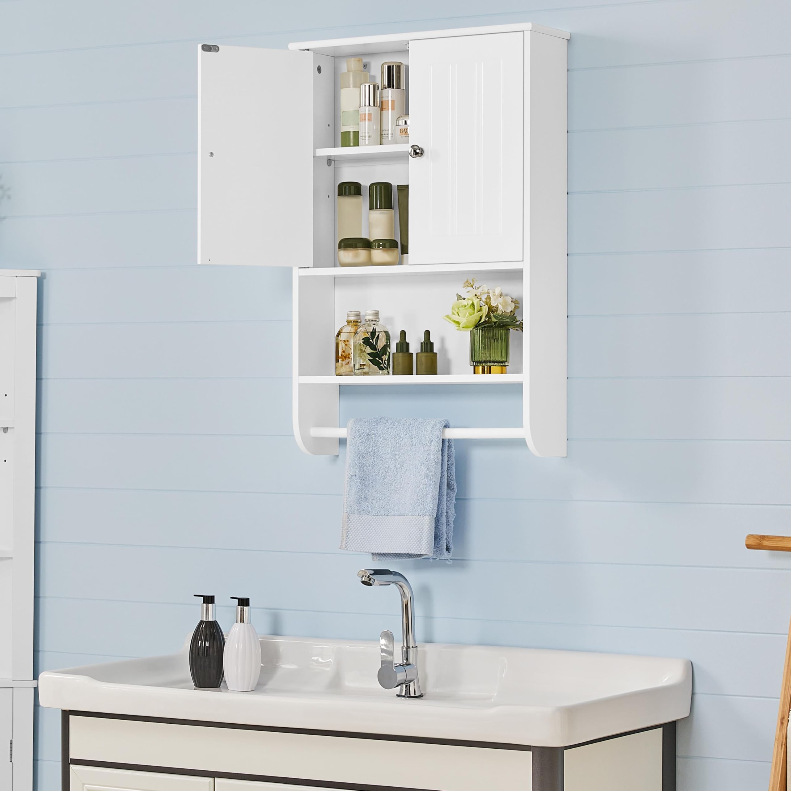 Yaheetech Armario Baño Pared Mueble Baño Colgar con Toallero Armario Colgante de Cocina con 2 Puertas 48,5x14x73cm Blanco Brillo