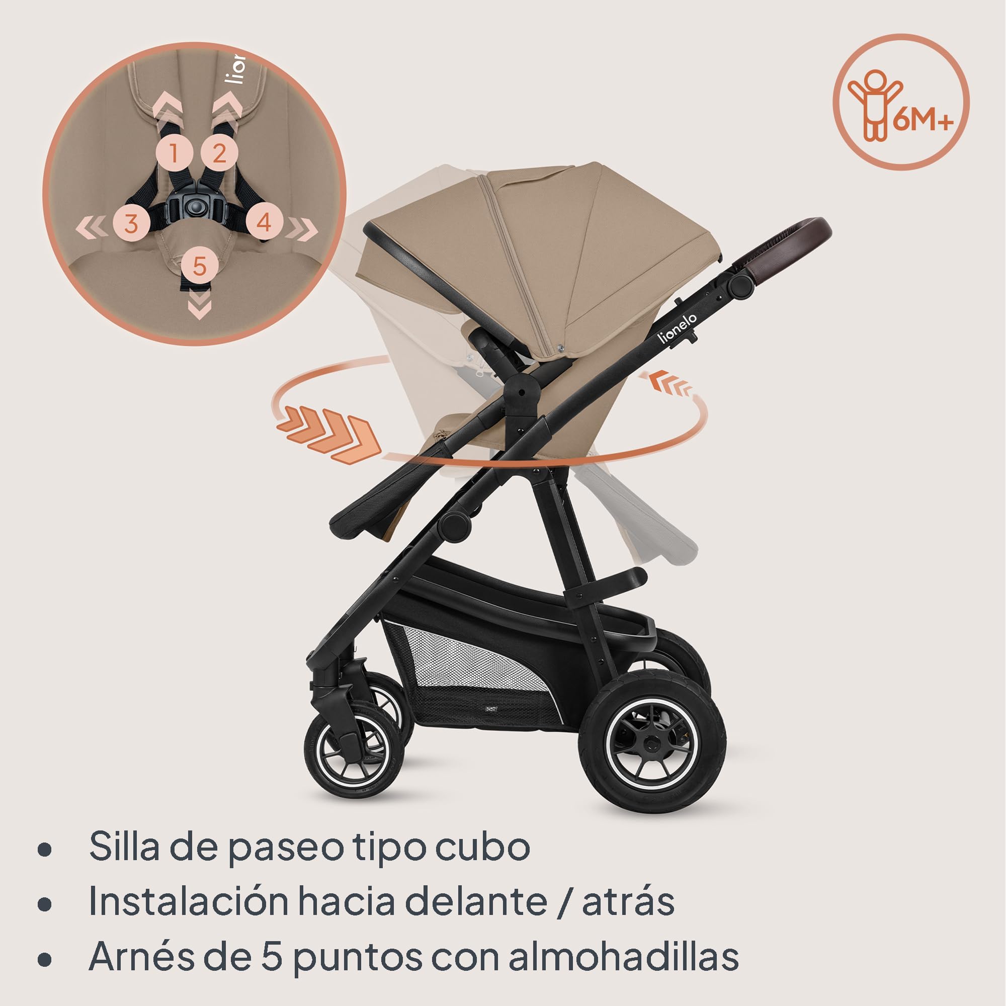 LIONELO BIANKA Cochecito de Bebé 3 en 1 (22 kg) Portabebés (9 kg) Silla de Coche (13 kg), Plegable, Sistema de Viaje Respaldo Ajustable Ruedas 360o Amortiguación, Capota XXL, Carrito de Bebe (Beige)