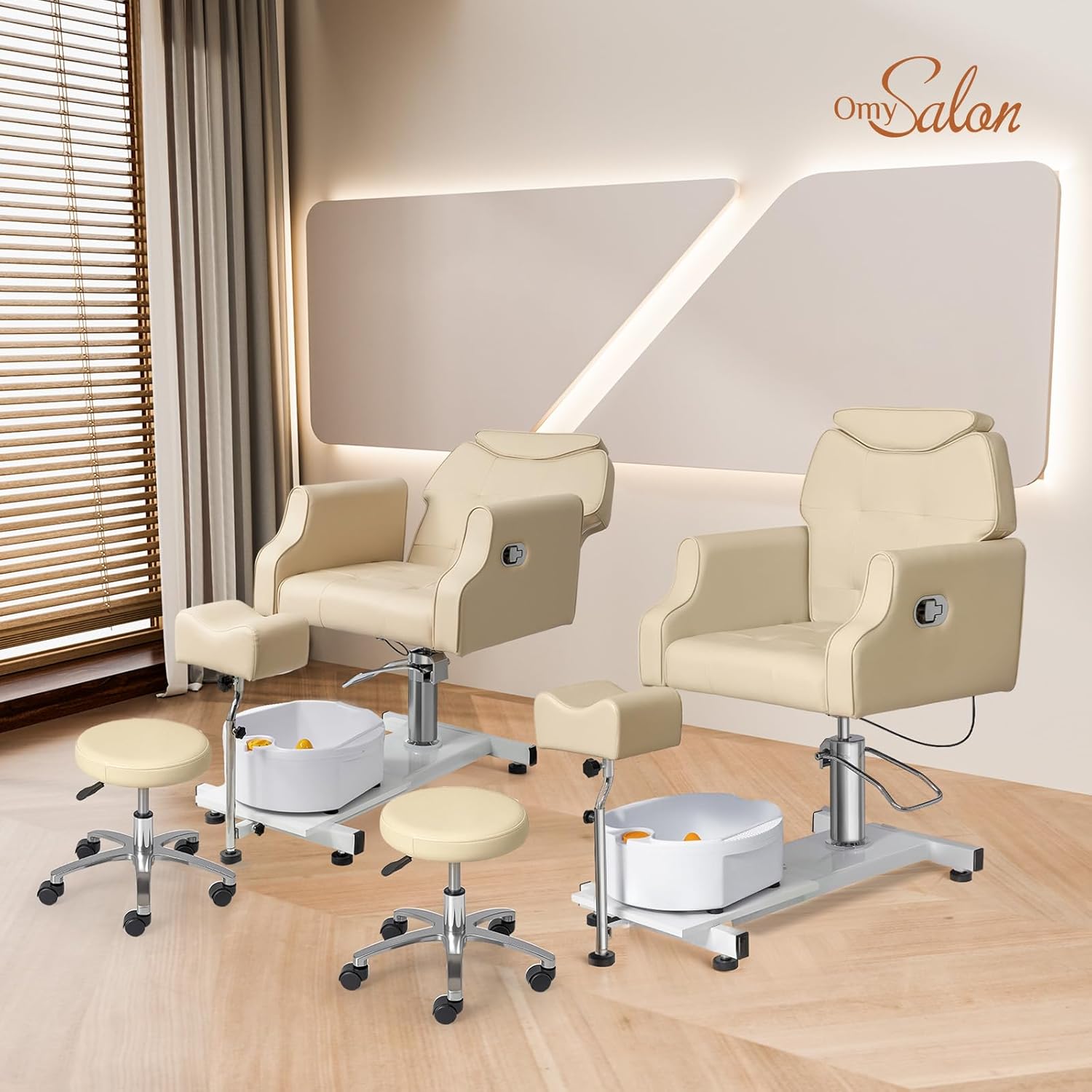 OmySalon Pedicure Chair w/Stool & Bubble Massage Foot Bath, 360° Rotation Hydraulic Adjustable Seat, Pedi Station for Foot Nail Tech Beauty Spa Salon Home Use (Bleached Sand)