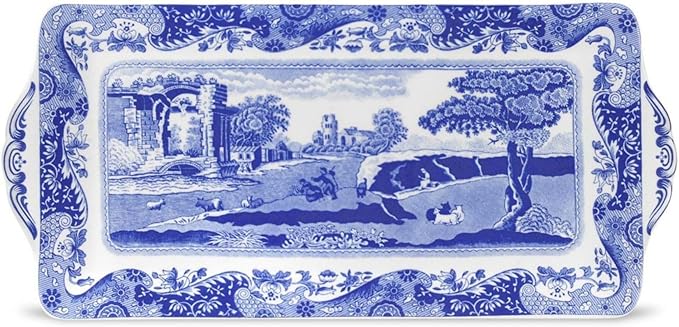 Spode Blue Italian Sandwich Tray, 13 Inch Rectangular Platter with Handles - Elegant Decorative Serving Dish for Breads, Appetizers, Fruit - Porcelain Presentation for Entertaining Table Displays
