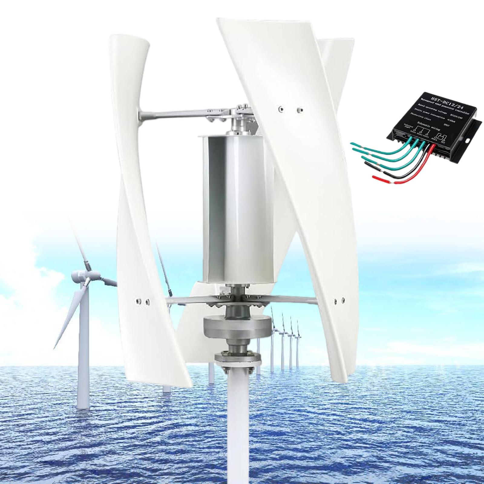 Éolien 14000W, Verticale 3 Pales Faible Bruit, Générateur 12V/24V/48V/110V/220V, Ensemble Complet pour Famille avec Contrôleur, White-12V