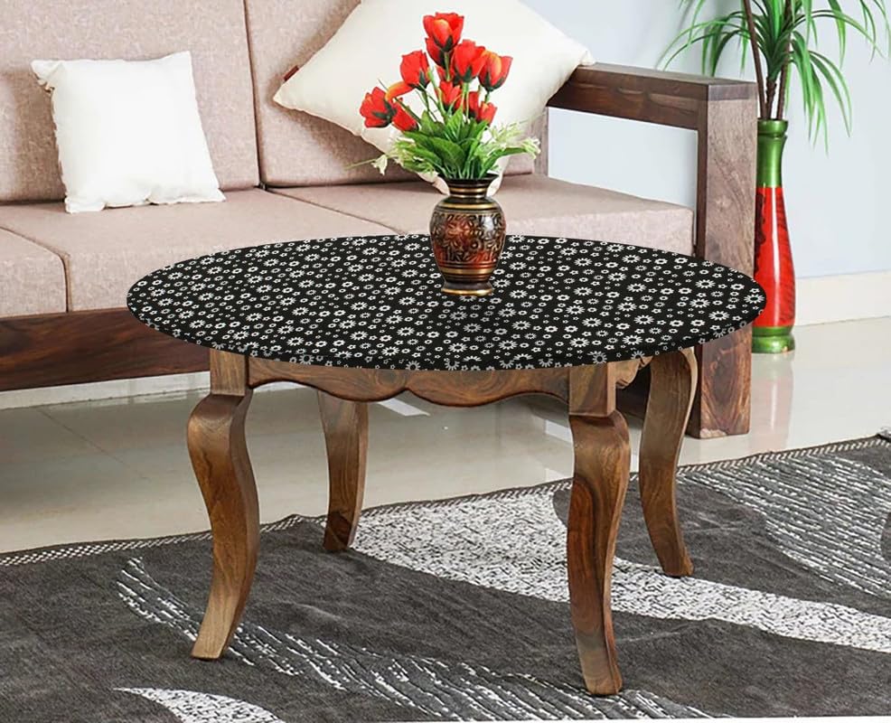 Image of The Furnishing Tree Round Elastic Fitted Center Tpoy Table Cover WxL 24x24 Inches Floral Pattern White