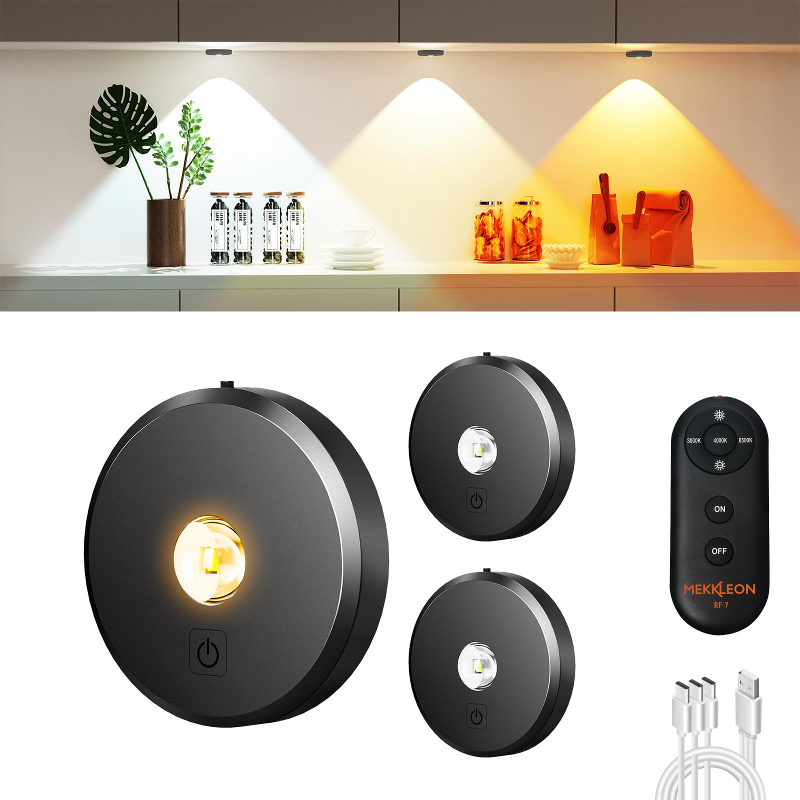MEKKLEON Puck Lights with Remote Control,2000mAh Rechargeable Under Counter Lighting,3 Color Temperatures Dimmable Under Cabinet,Closet Light,3Pack Tap Light for Hallway (Dark Grey, 3 Pcs)