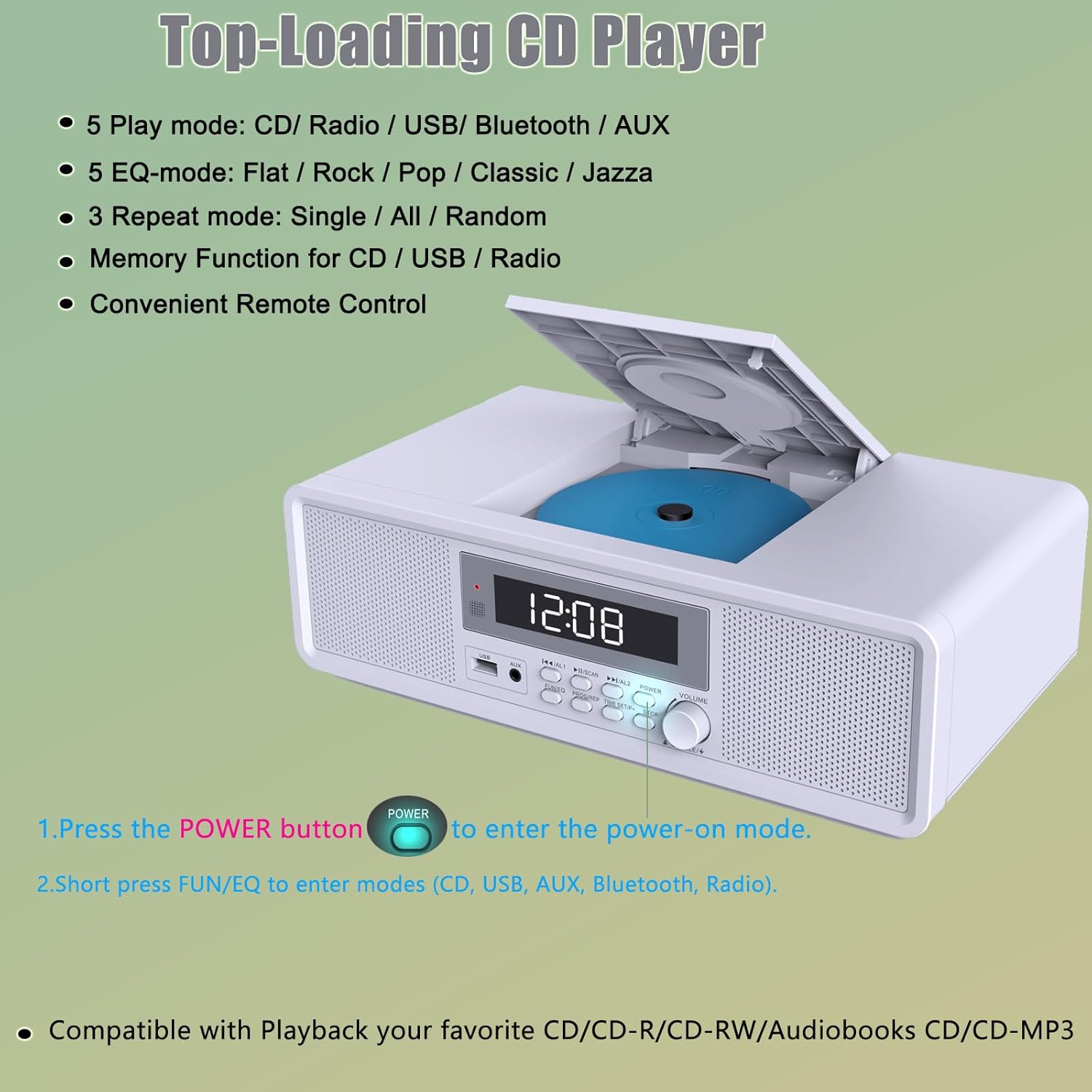 Top-loading CD player compartment of the WISCENT WTB-798 stereo system with a blue CD inserted, and instructions on how to power on and select modes.