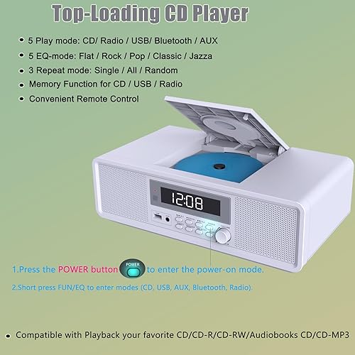 Miniatura 4 de Reproductor de CD Bluetooth retro con reloj despertador y radio FM, altavoces estéreo de 20 W, diseño de carga superior, alarma dual, entrada