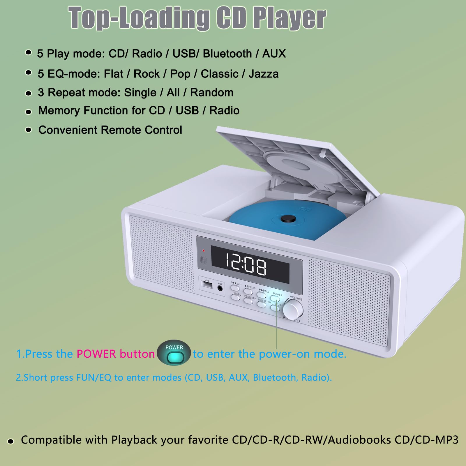 Radio Compatta con Lettore CD, Sistema Audio 20 W RMS, Bluetooth, USB, MP3, AUX, Sveglia Digitale