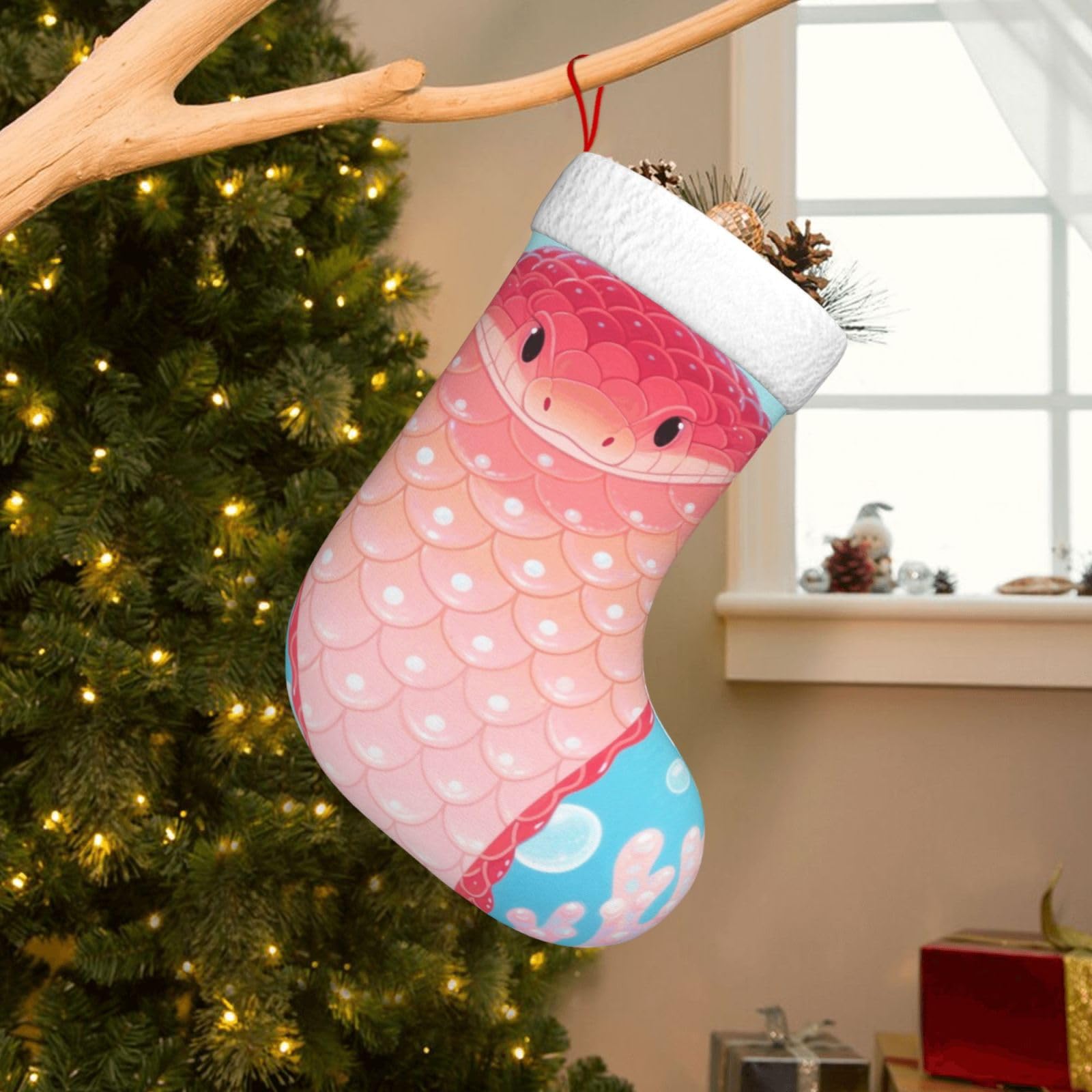 Velvet Christmas Stockings 17.7 Inch, Snake Xmas Stocking with Soft Cuff,Classic Personalized Christmas Tree Decoration for Family Holiday New Year Party Supplies