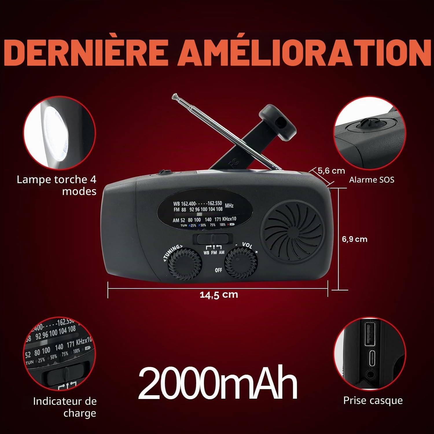 Radio d'urgence à manivelle avec lampe de poche LED pour urgence, AM/FM NOAA Radio météo portable avec chargeur de téléphone portable 2000 mAh, charge USB et alimentation solaire pour camping, urgence