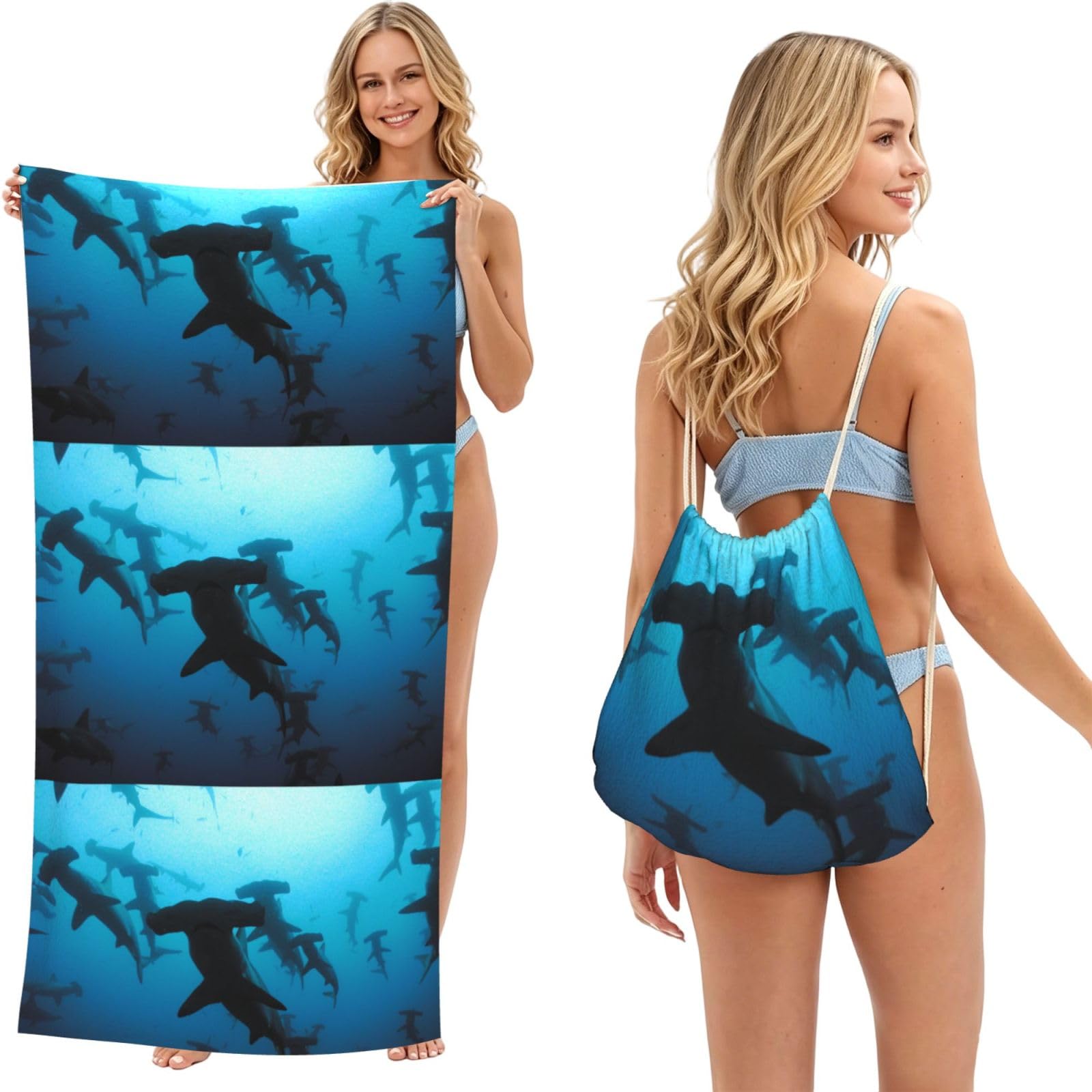 Poadnly As Picture Hammerhead Sharks Printed, 2 In 1 Packable Towel Bag, Beach Towels With Drawstring Backpack For Travel Holiday Camping