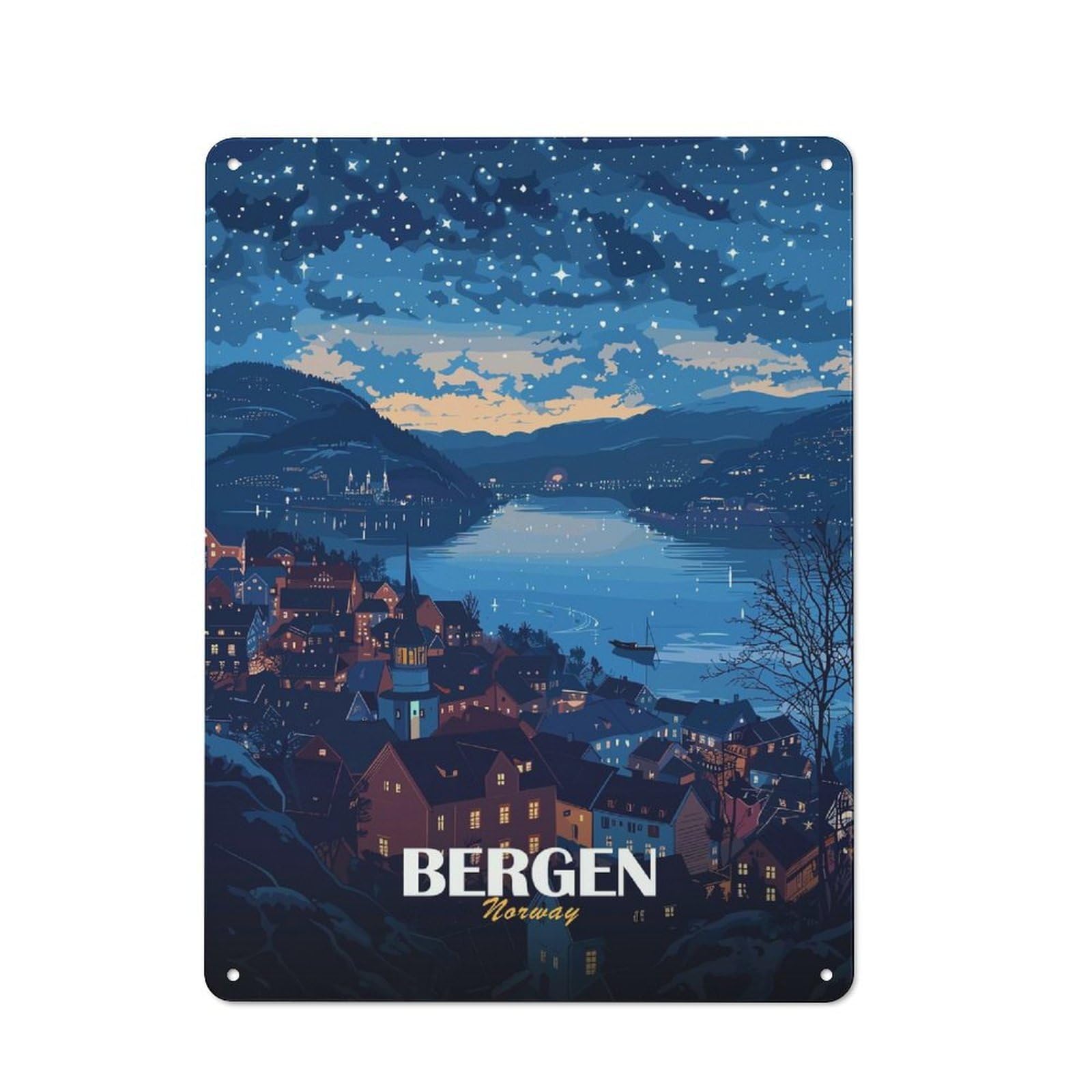 Junmoney Style-5 Bergen, Norway Nightscape Illustration Metal Wall Sign 40X30cm, Vintage Decor For Hallway Wall, New-Space Wall Decor For New Home Decorators