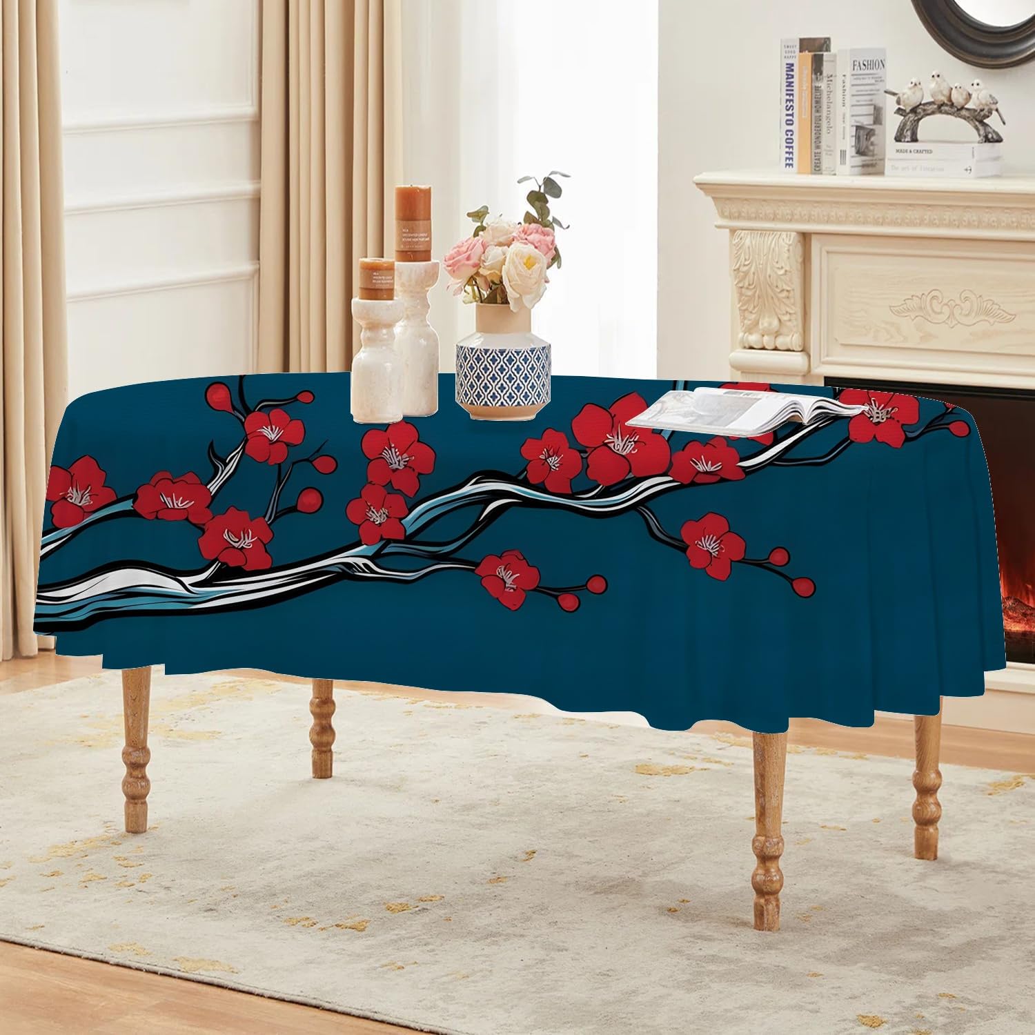 Style Chinois Nappe Ovale 160x200 cm Fleur De Prunier Rouge, Nappe de Table Motif Orientale en Polyester, Nappe en Tissu Imperméable et Anti-Tache, pour Cuisine, Salle à Manger, Jardin - G-444
