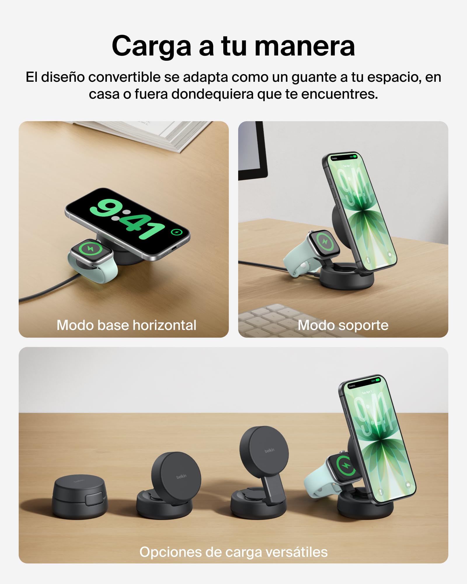 Belkin UltraCharge Pro Cargador Inalámbrico Magnético 2 en 1 Qi2 25W Carbón | Convertible, Estación Magnética Carga Inalámbrica MagSafe, Certificación Qi2.2, iPhone, Apple Watch y Cascos, Adaptador 45W
