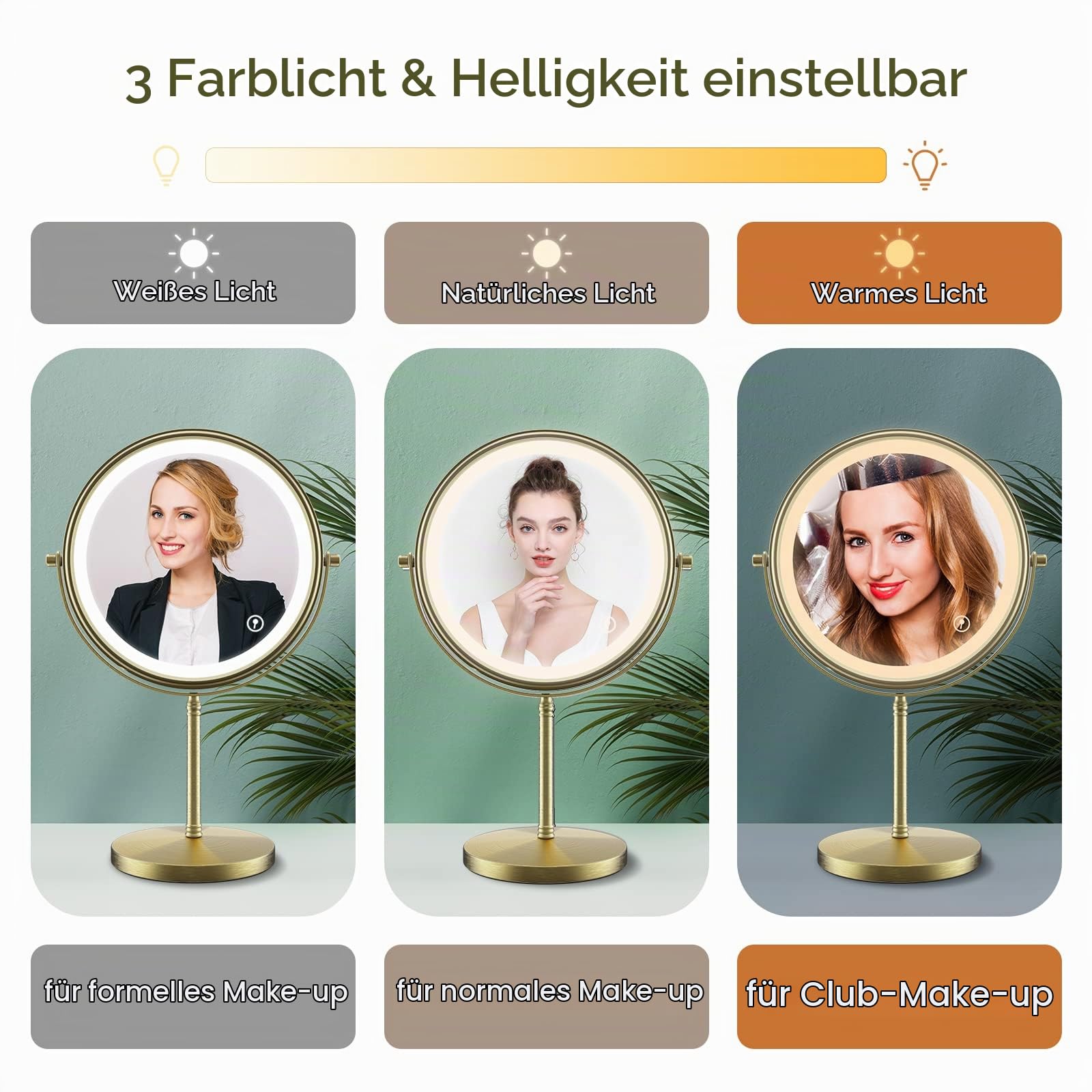 Tischspiegel mit Licht Europäischer Retro Schminkspiegel Vintage Hochauflösender Schreibtisch Kosmetikspiegel Einstellbares 3 Farben Licht 1X/10X-Vergrößerung 360Grad -Altgold