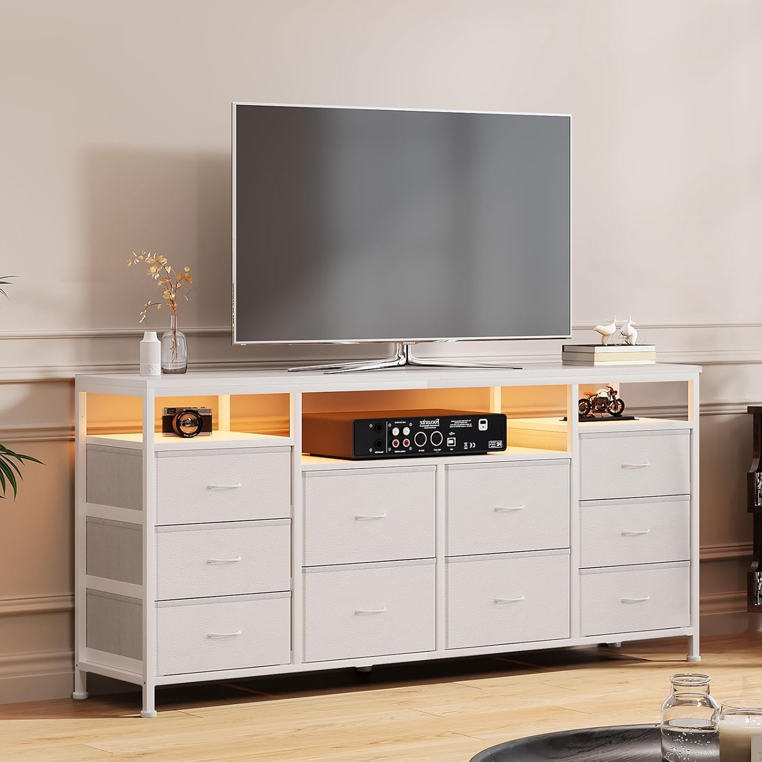 White Dresser for Bedroom, 10 Drawer Dresser TV Stand for 65 70 75 Inch TV, Entertainment Center with LED Lights & Charging Station, Long Fabric Chest of Drawers, 13.8" D x 63" W x 29.5" H
