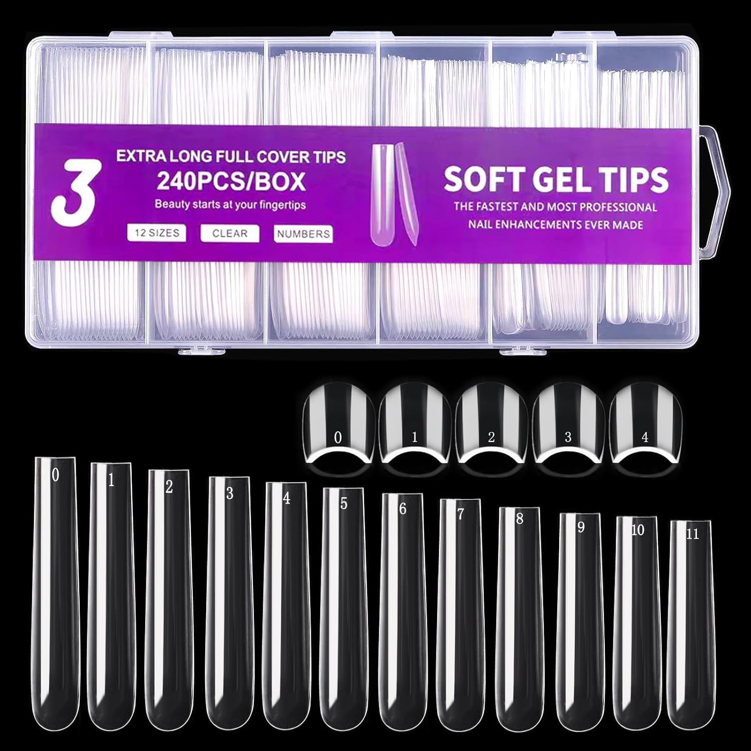 Rubyface 3XL Square Nail Tips, 240PCS Clear Full Cover Artificial False Nails Tips, Extra Long Square No 3 C Curve Acrylic Nail Tips, XXXL Tapered Squares Fake Nails for Salons Home DIY Nail Art 12 Sizes-image-5
