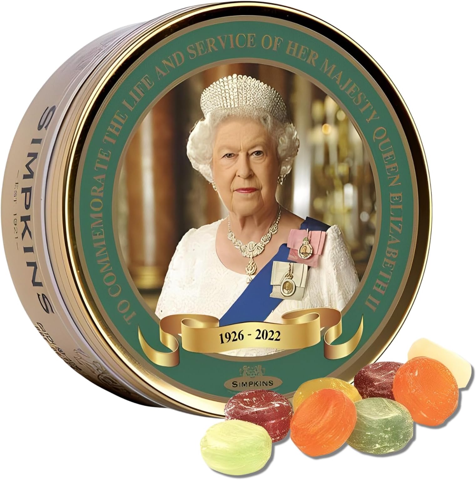 Queen Elizabeth II Commemorative Tin - Simpkins Mixed Fruit Drops Old Fashioned Candy Pack - Hard Candy Travel Sweets in Candy Drops Tin - All Natural Fruit Hard Candy Drops - British Candy (6.1 oz)