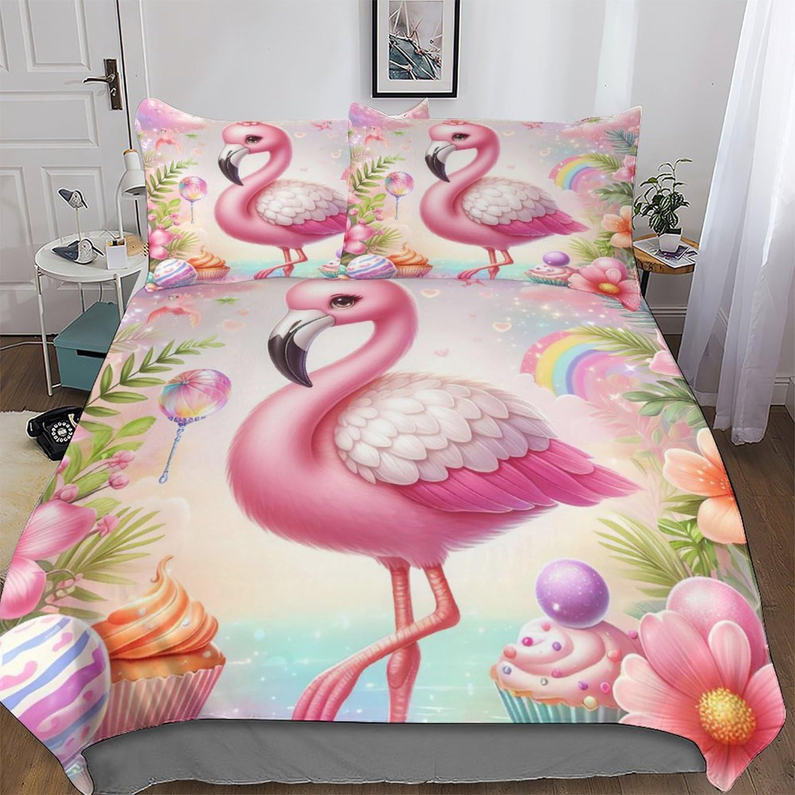 Ggjjtt Flamingo Bedding Set Duvet Cover Set Comforter Cover 3 Pieces For Kids Teens Microfiber Soft Poly Quilt Cover Double 200X200cm