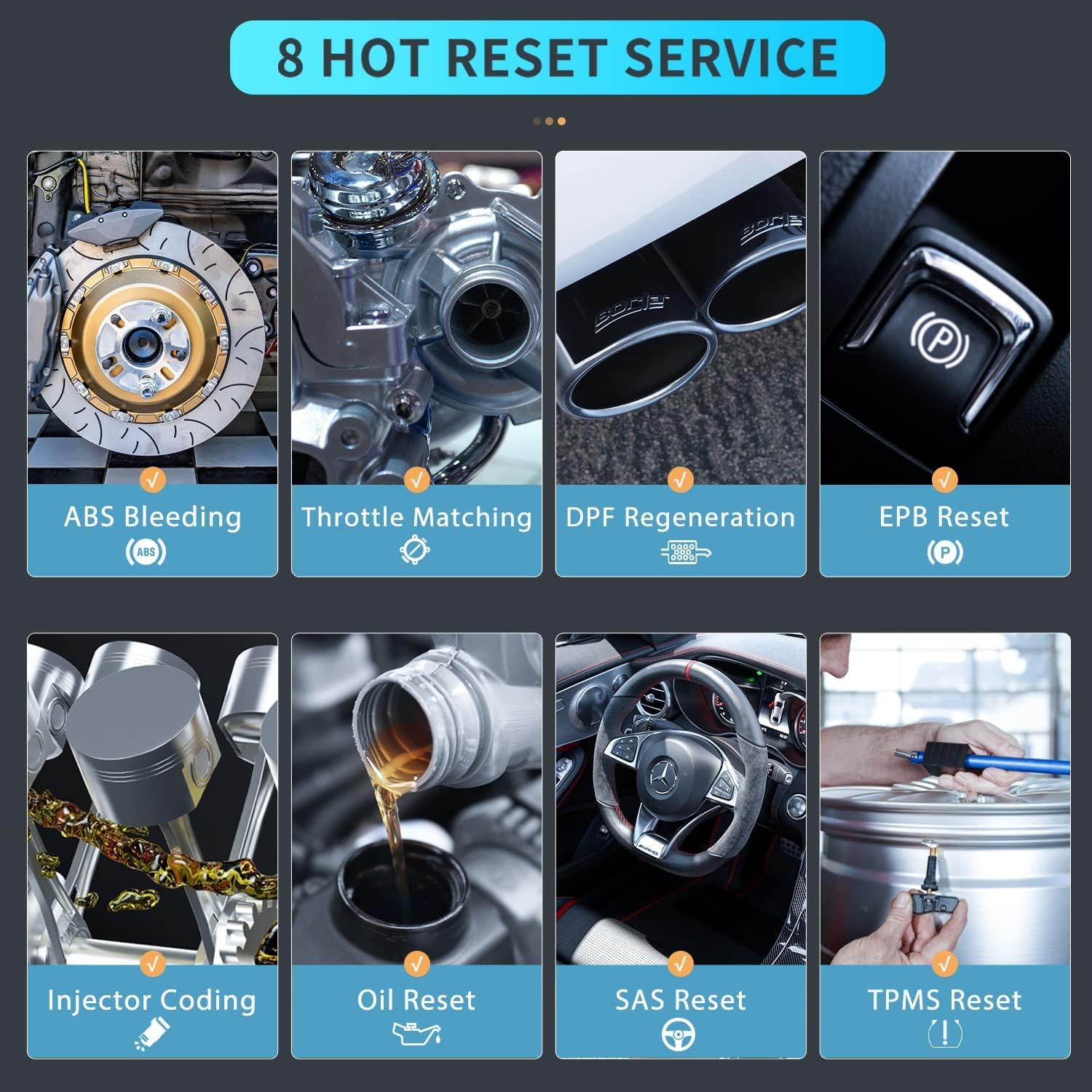 Eight icons representing different reset services: ABS Bleeding, Throttle Matching, DPF Regeneration, EPB Reset, Injector Coding, Oil Reset, SAS Reset, TPMS Reset.