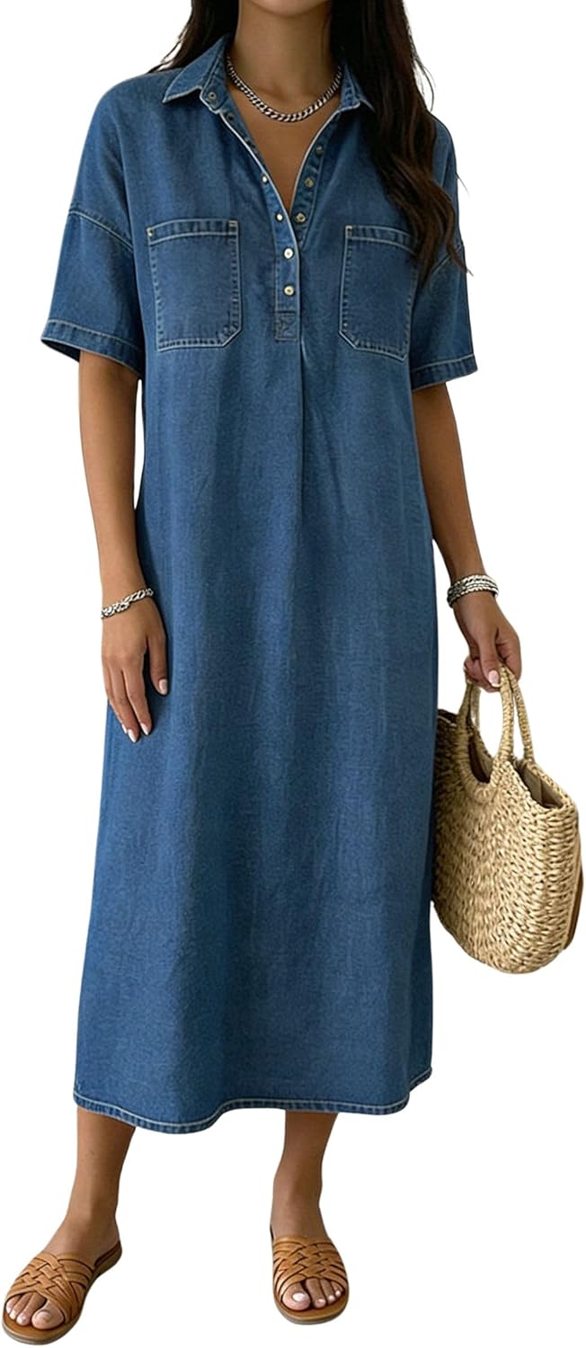 chouyatou Women's Distressed Button Up Denim Polo Shirt Dress Short Sleeve Casual Loose Pleated Jean Midi Long Dress