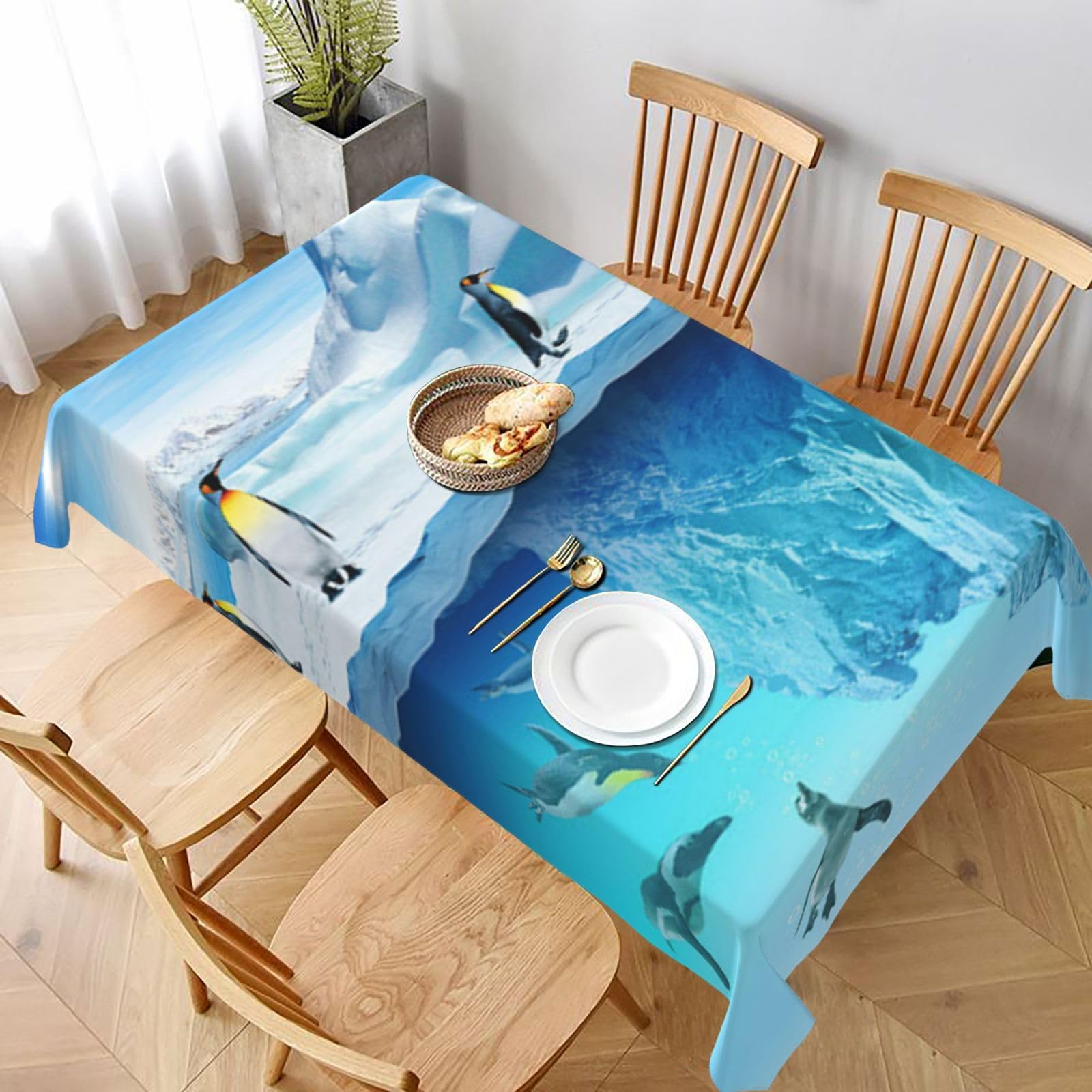 BNVSADC Penguins On The Iceberg Printed Rectangle Tablecloth 228x152 CM, Water Resistant Polyester Table Cloth Decorative Fabric Table Covers for Kitchen Dining Table Parties Camping