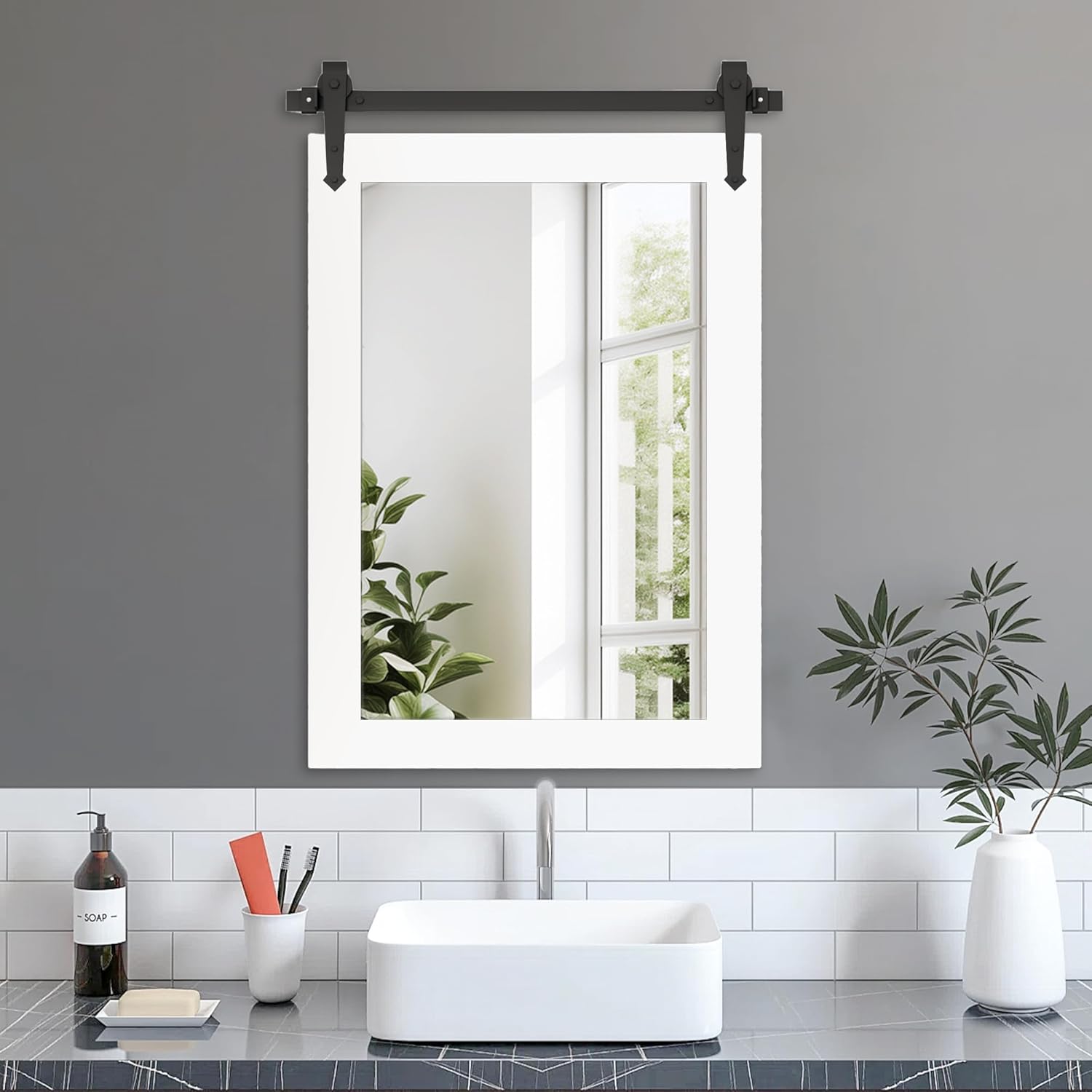 Bathroom Mirror for Over Sink 18”x24” Farmhouse Barn Door Mirror Rustic Wood Framed Wall Mirror for Bathroom, Bedroom, Entryway (White