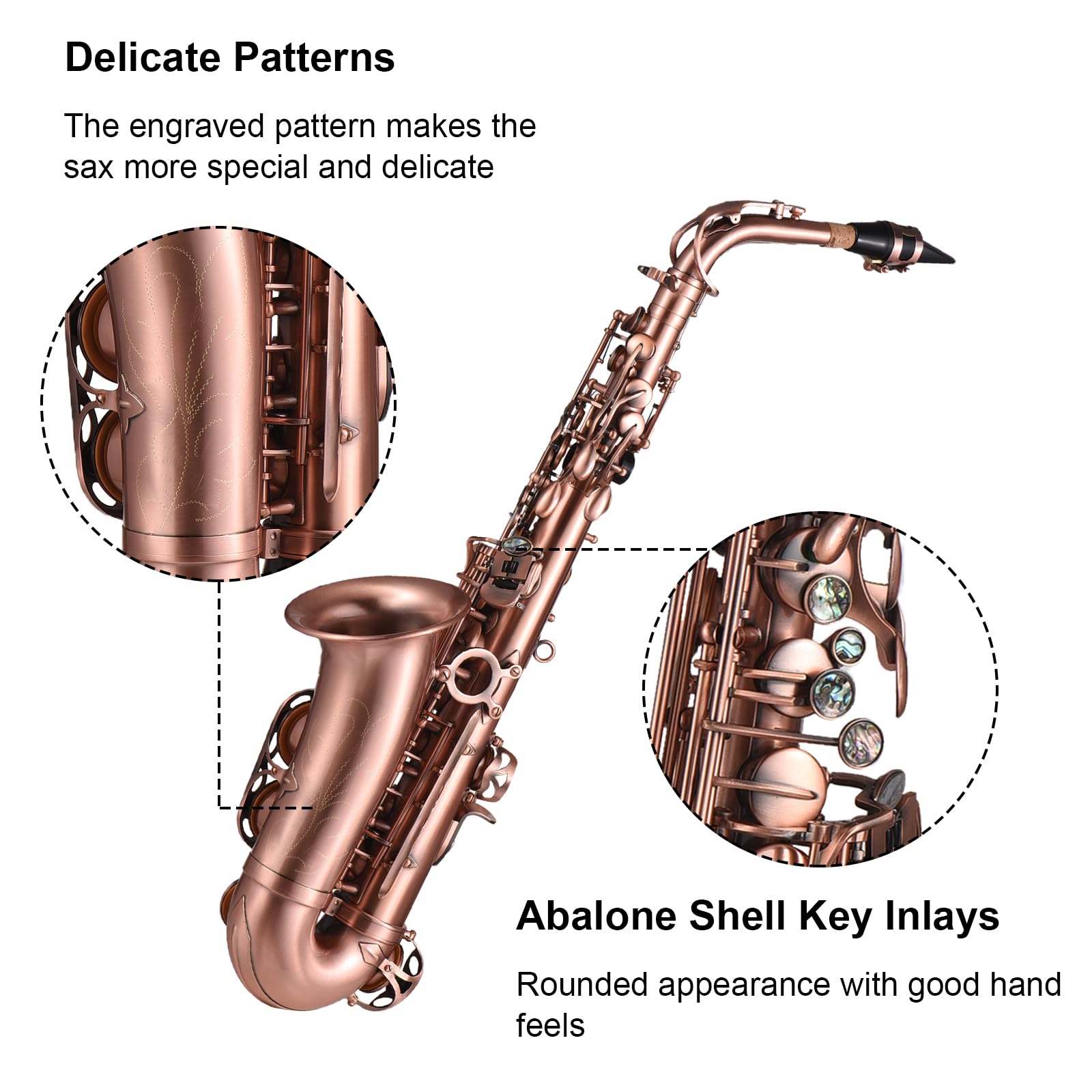 Saxophone alto E-Flat Red Bronze, F#, incrustations clés coquille d'ormeau, coussinets cuir résistant eau, livré étui, gants, chiffon nettoyage, sangles, brosse