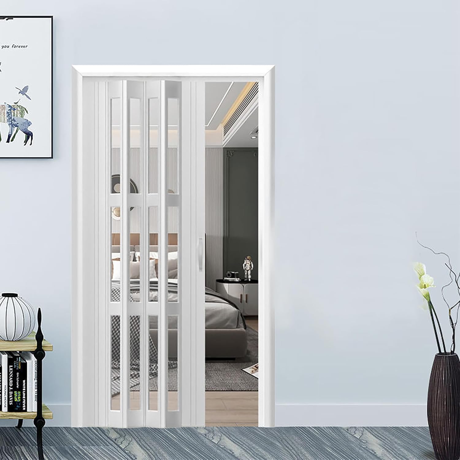 White Bi-Folding Accordion Doors for Interior | Silent-Running Slide Rails & Magnetic Locks | PVC Folding Closet Partition Panel for Bedroom & Kitchen, 145x203cm