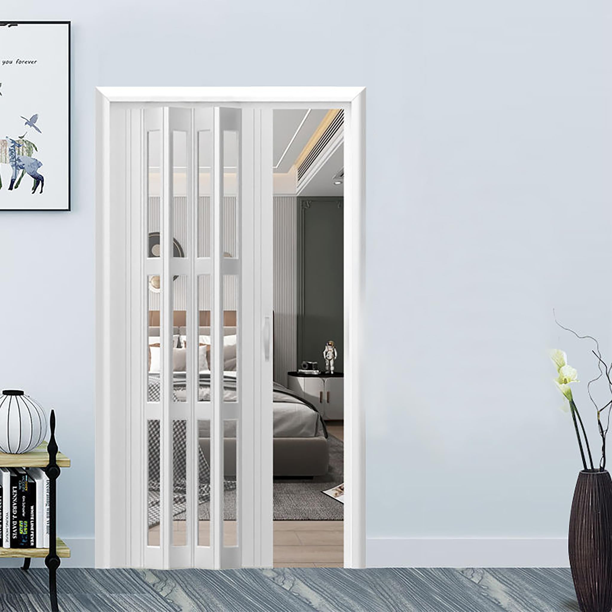 Kgfvesdc Concertina Doors,PVC Folding Doors Internal White(105 * 203cm),Silent-Running Slide Rails,Magnetic Locks Folding Closet Partition Panel for Bedroom, Kitchen, Cupboard Doors, Living Room Door