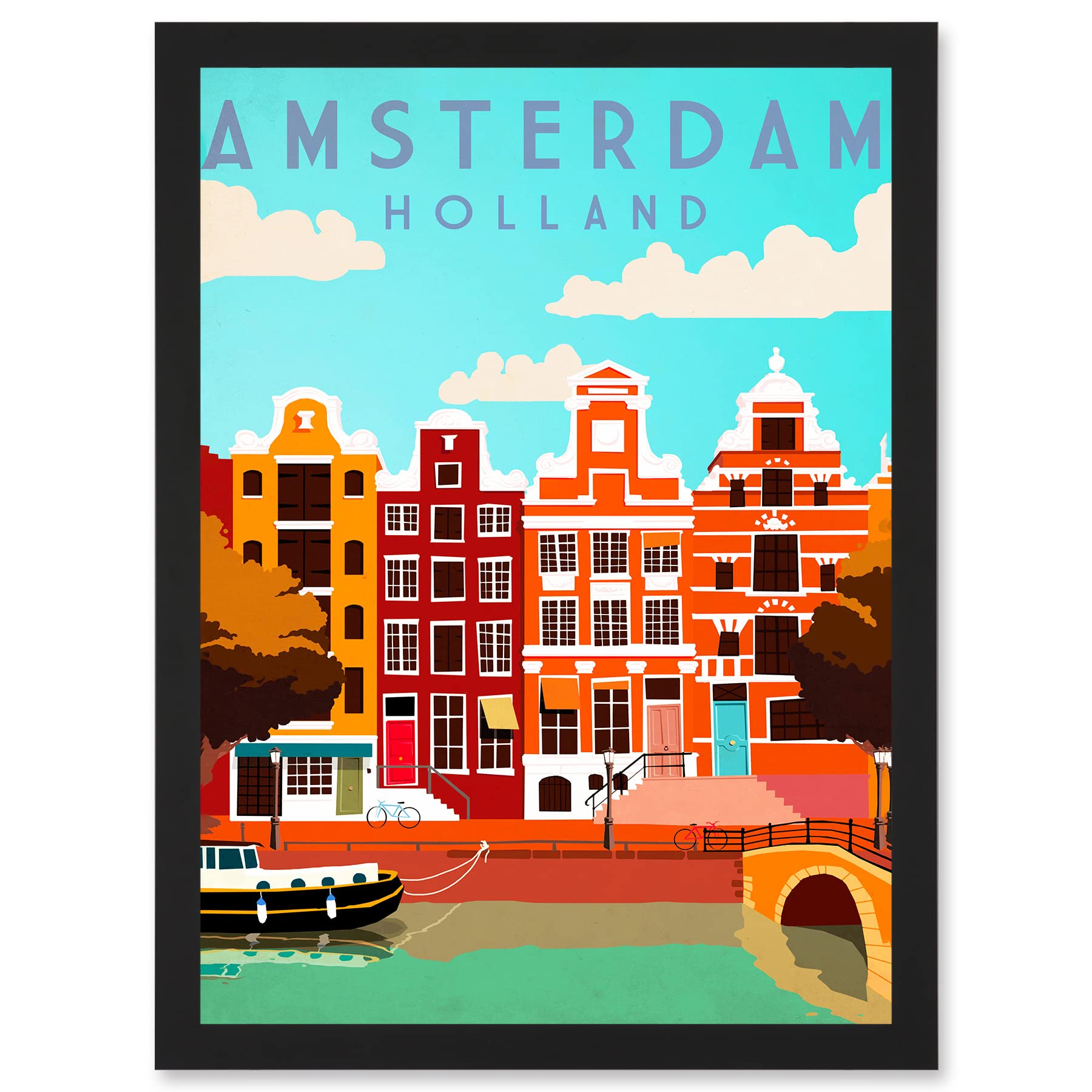 Artery8 Travel Tourism Amsterdam Holland Netherlands Canal Boat Houses Colourful A4 Artwork Framed Wall Art Print