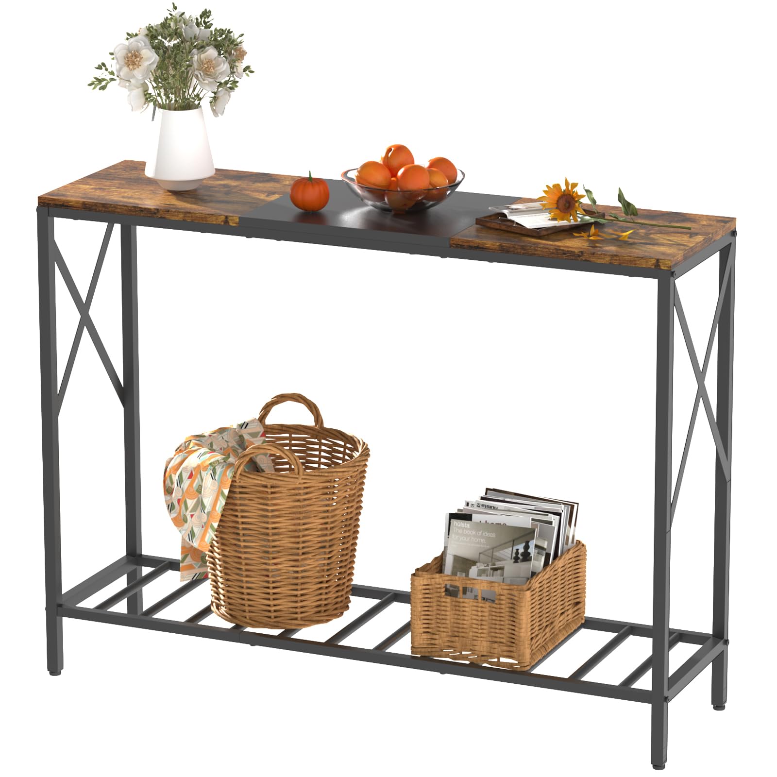 EasyCom41.7&quot; Console Table, Farmhouse Entryway Table with Metal Shelf, Wood Modern Narrow Sofa Table for Living, Hallway, Couch, Foyer, Rustic Brown