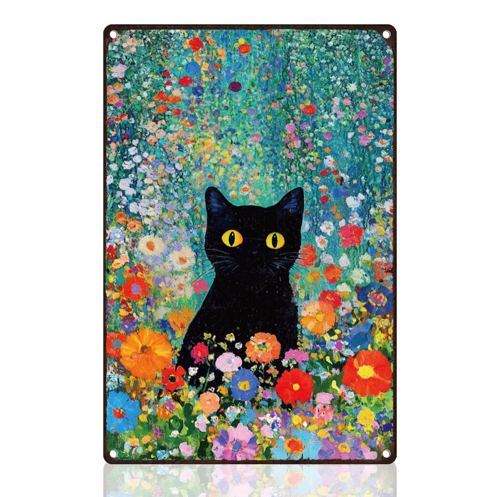 DOODLREAM Black Cat Flowers Retro Wall Decor Metal Tin Sign 20x30cm Garden Black Cat Flowers Wall Art Poster for Home Coffee Cafe Room Gallery Courtyard Garden Greenhouse Yard Decor Gift