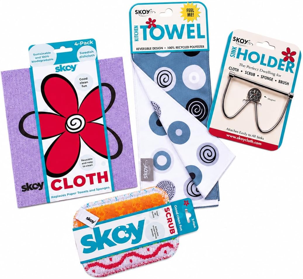 Skoy Cleaning Bundle - Cloth, Scrub, Gray Towel and Sink Holder – Environmentally Friendly, Kitchen & Household Use, Plastic-Free Packaging, Great Gift Idea!
