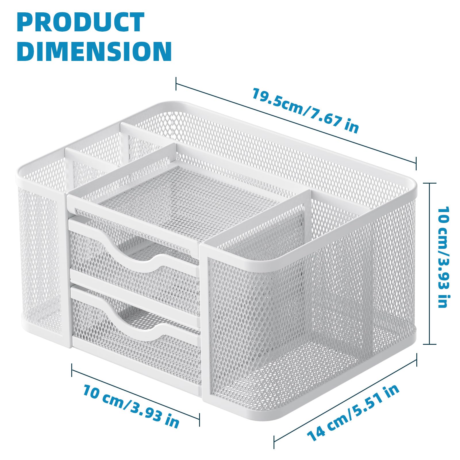 Marbrasse Organizer Scrivania,Multifunzionale Porta Penne da Scrivania,5 Comparti Rete Portaoggetti 2 Cassetti,Portapenne Scrivania,Portapenne per Casa Ufficio(Bianco)