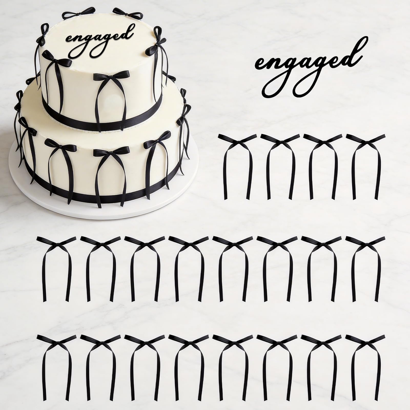 Engaged Cake Topper with 20 Black Ribbon Bows - Elegant Wedding Cake Decorations Set - Modern Acrylic Engagement Party Cake Toppers for Bridal Shower