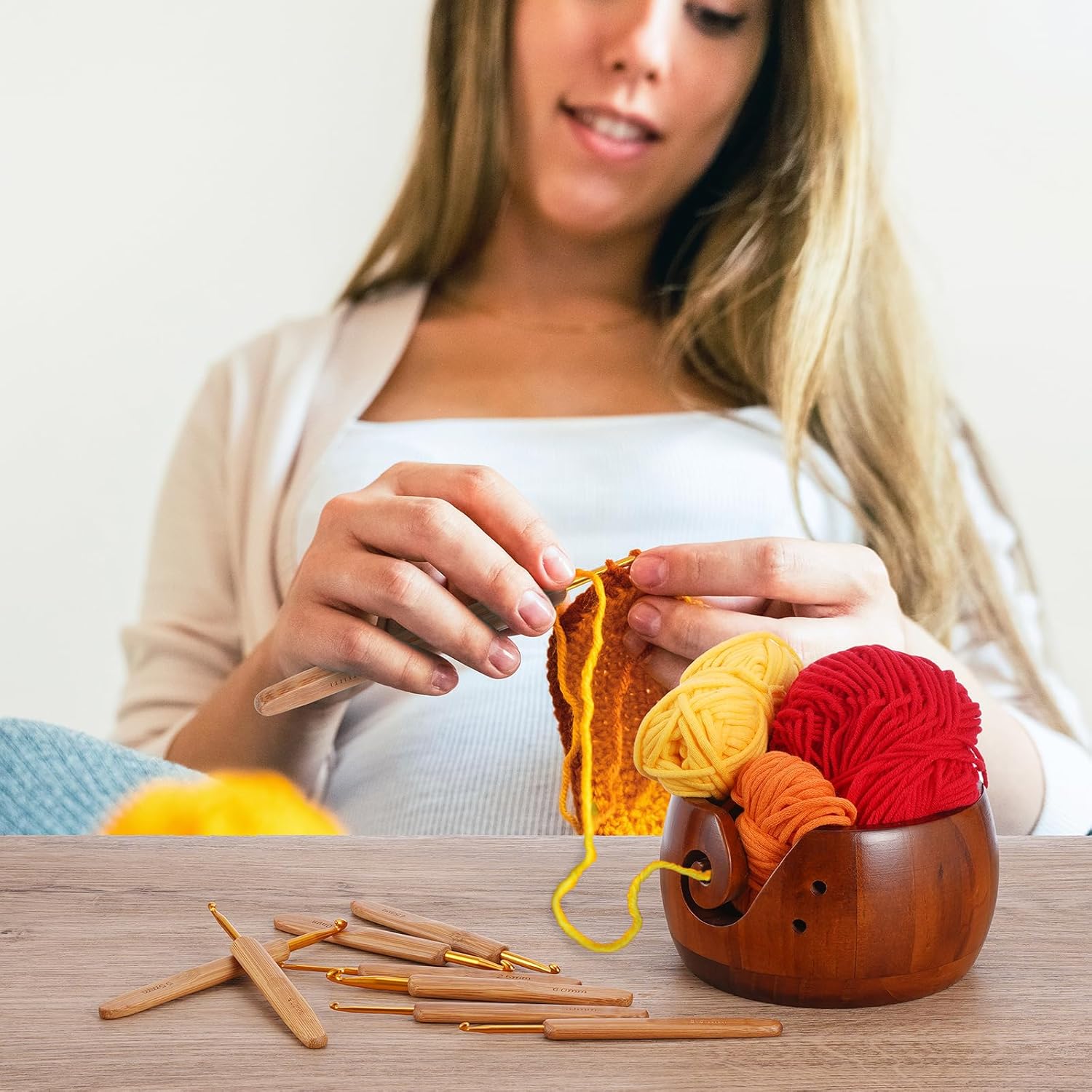 Wooden Yarn Bowl with 8Pcs Metal Crochet Hooks, Knitting Yarn Bowl with Holes Storage Handmade to Prevent Slipping, Perfect Yarn Holder Bowl for Crocheting and Knitting Mother's Day Gift 5" x 3"
