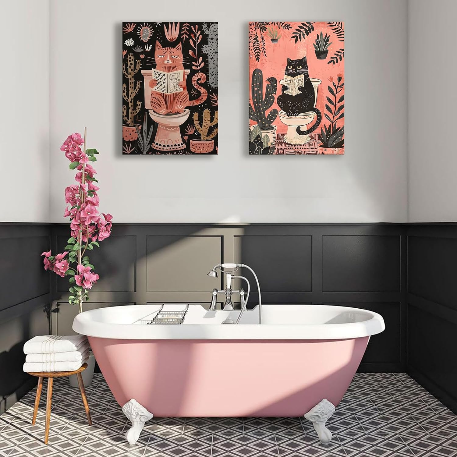 2Pcs Funny Cat Bathroom Wall Art Pink Cute Pets Canvas Wall Decor Cat Reading Newspaper On The Toilet Posters Picture Cactus Prints Animals Plants Trendy Painting for Bathroom Decoration 12x16in