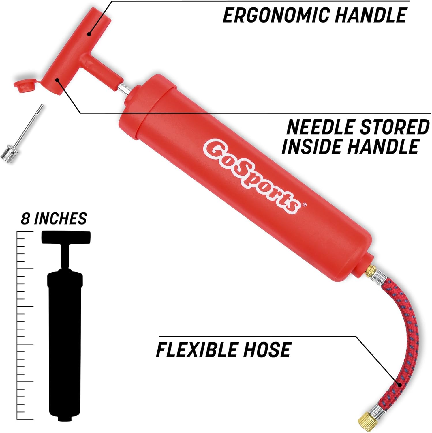 GoSports air pump with flexible hose and needle stored in handle.