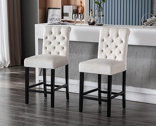 Miniatura 2 de Kmax Juego de 2 taburetes de bar de terciopelo copetudo, taburetes de bar de madera de mediados de siglo con respaldo para isla de cocina interior,