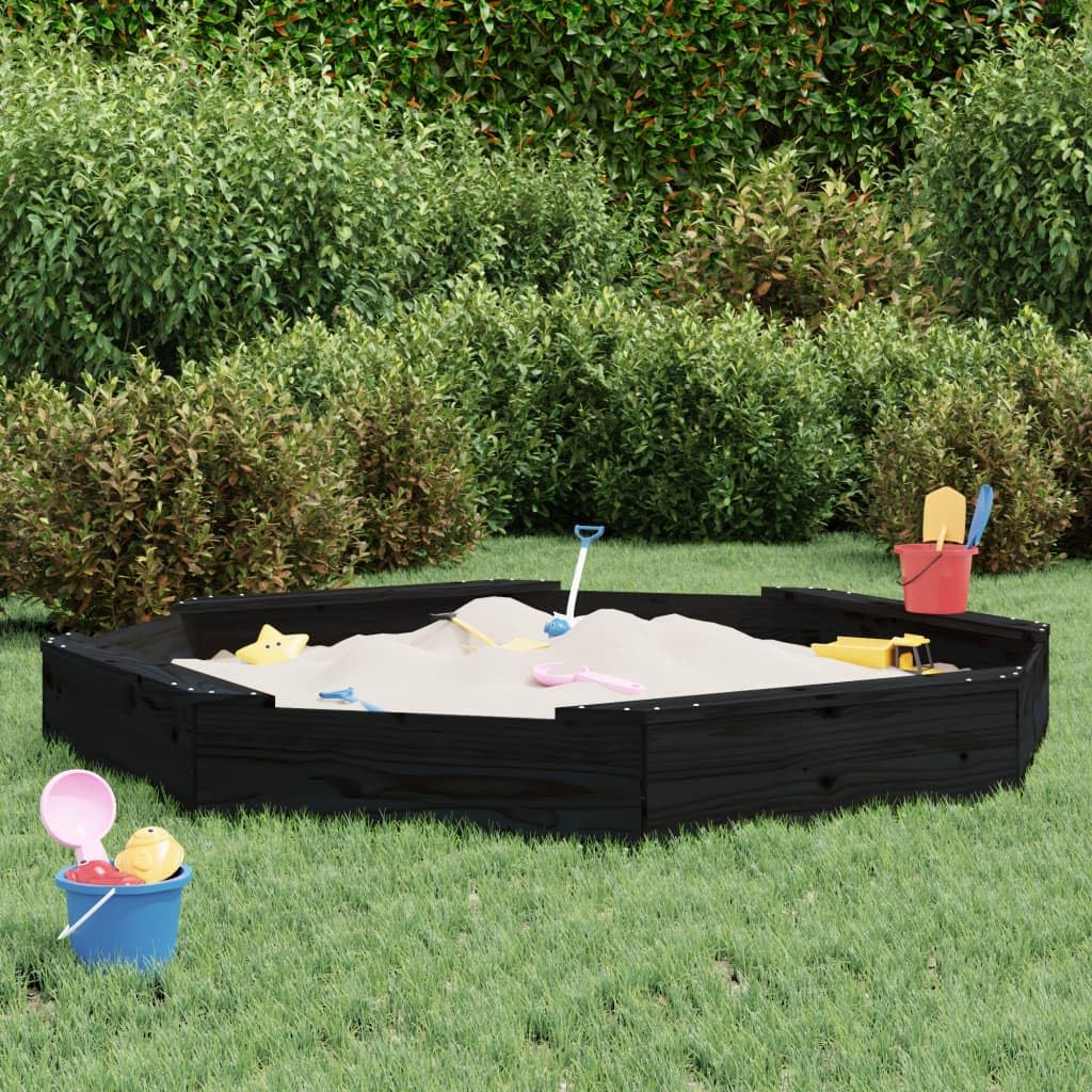 Sandkasten Achteck aus massivem Kiefernholz mit 4 Sitzbänken schwarz, 159,5 x 159,5 cm, wetterfest für Kinder 2-8 Jahre, Outdoor Spielplatz für Garten, Terrasse, Balkon mit UV-Schutz