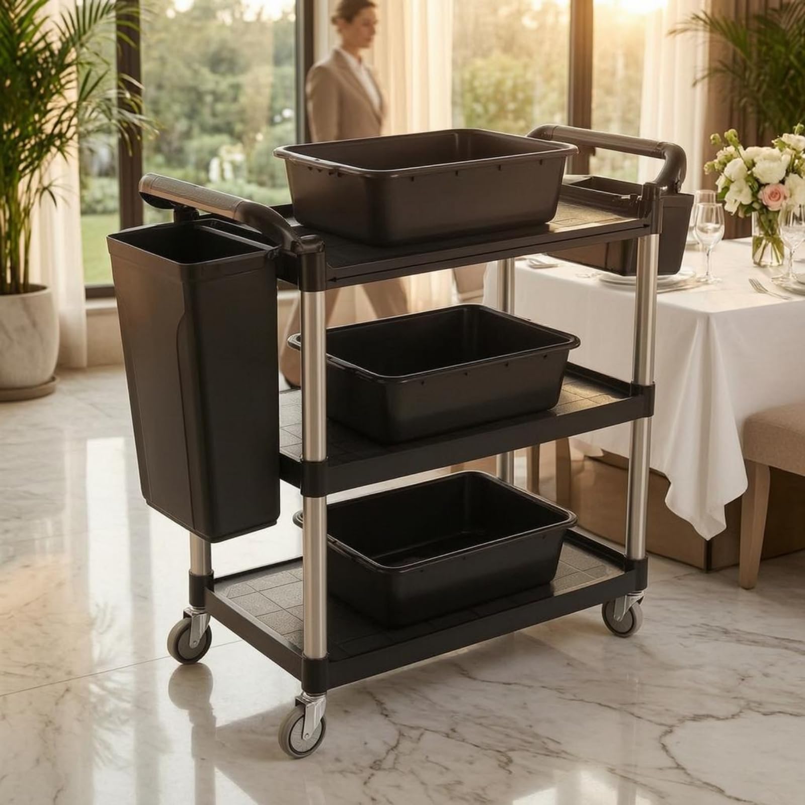 predolo Carro Camarero Triple Niveles Gran Capacidad Carro Servicio con Ruedas Multiuso Mueble Rodante para Restaurante, Gris, Grande, Tres Cubetas, Dos Cubos, Ruedas Silenciosas