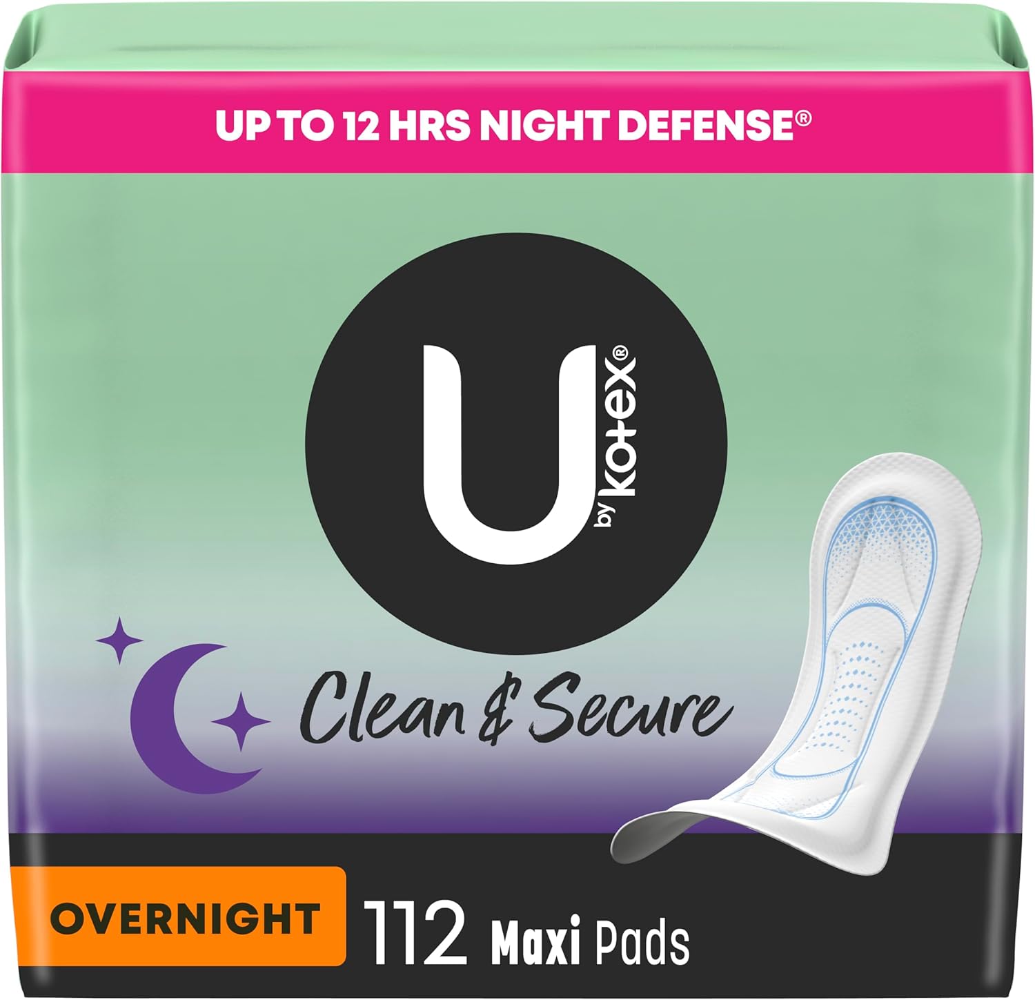 U by Kotex Clean & Secure Overnight Maxi Pads, 112 Count (4 Packs of 28) (Packaging May Vary)