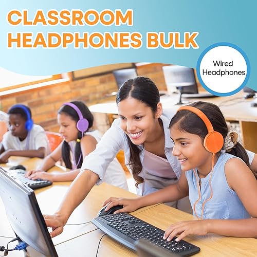 Miniatura 5 de Paquete de 12 auriculares a granel para el aula escolar niños K-12, auriculares de computadora duraderos con cable al por mayor para estudiantes,