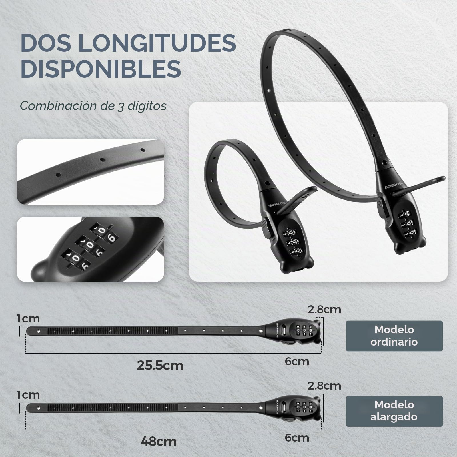 ROCKBROS Candado de Combinación con 3 Dígitos para Casco Moto, 32/54cm Candado de Cable Pequeño y Portátil para Bicicletas Cochecitos Maletas | Seguro y ligero, ideal para cascos de bicicleta, equipaje, puertas, motos, MTB, Scooter, patinete
